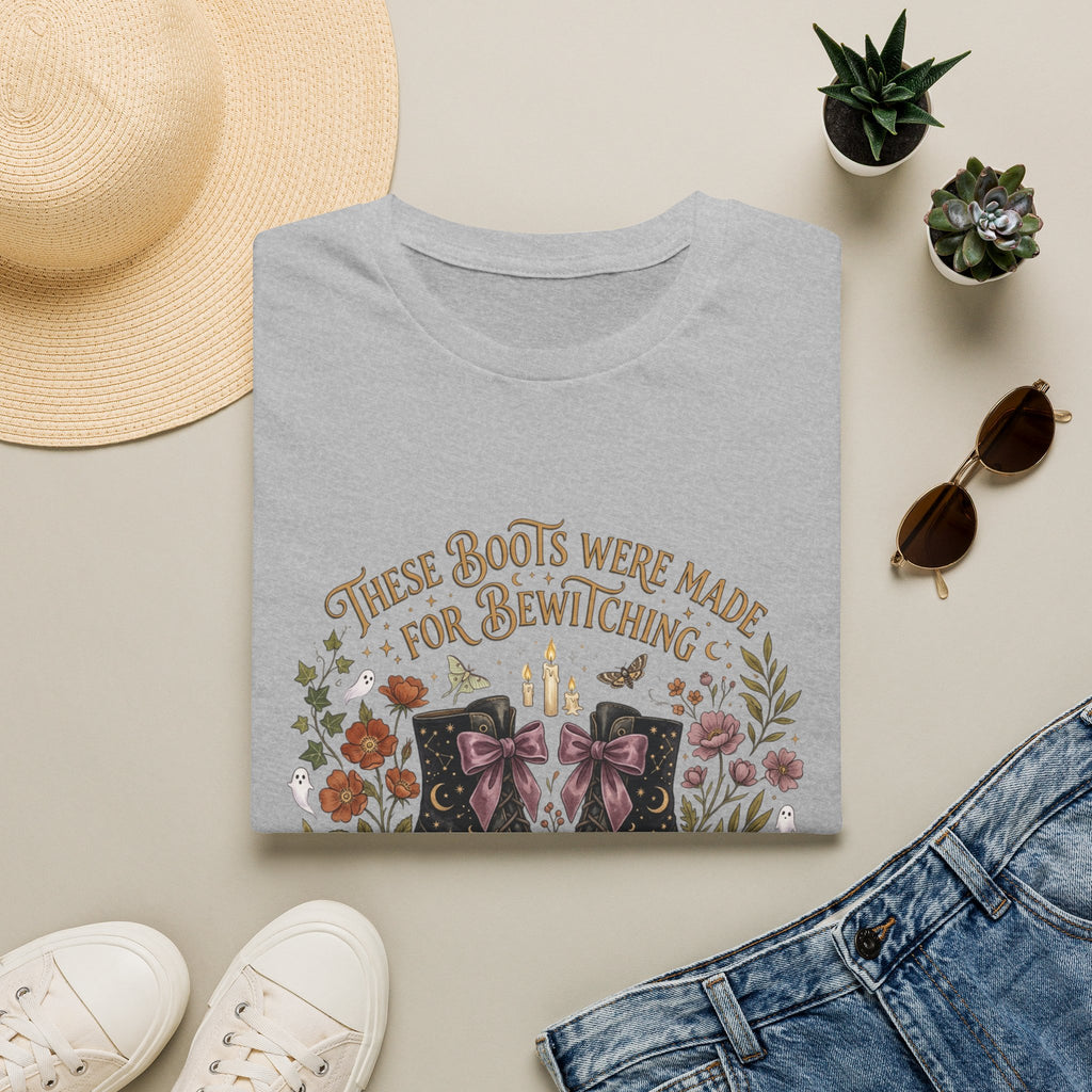 Witchy Boots T-Shirt — "These Boots Were Made for Bewitching" Floral Halloween Tee