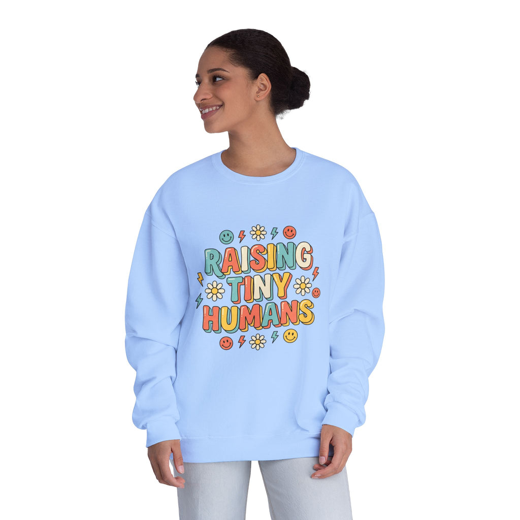 Crewneck Sweatshirt — "Raising Tiny Humans" Colorful Retro Parent Tee