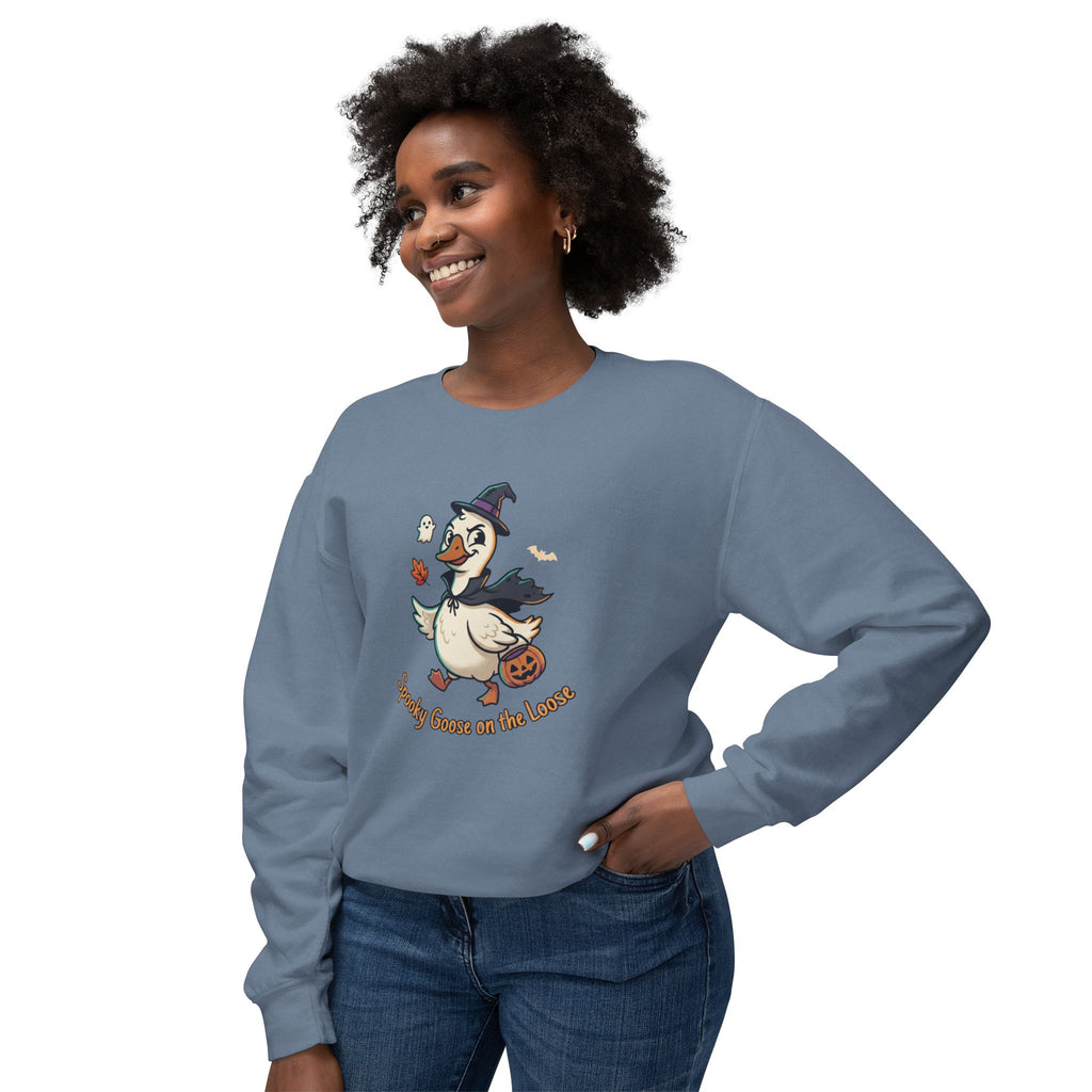 Halloween Goose Crewneck Sweatshirt — "Spooky Goose of the Leaves"