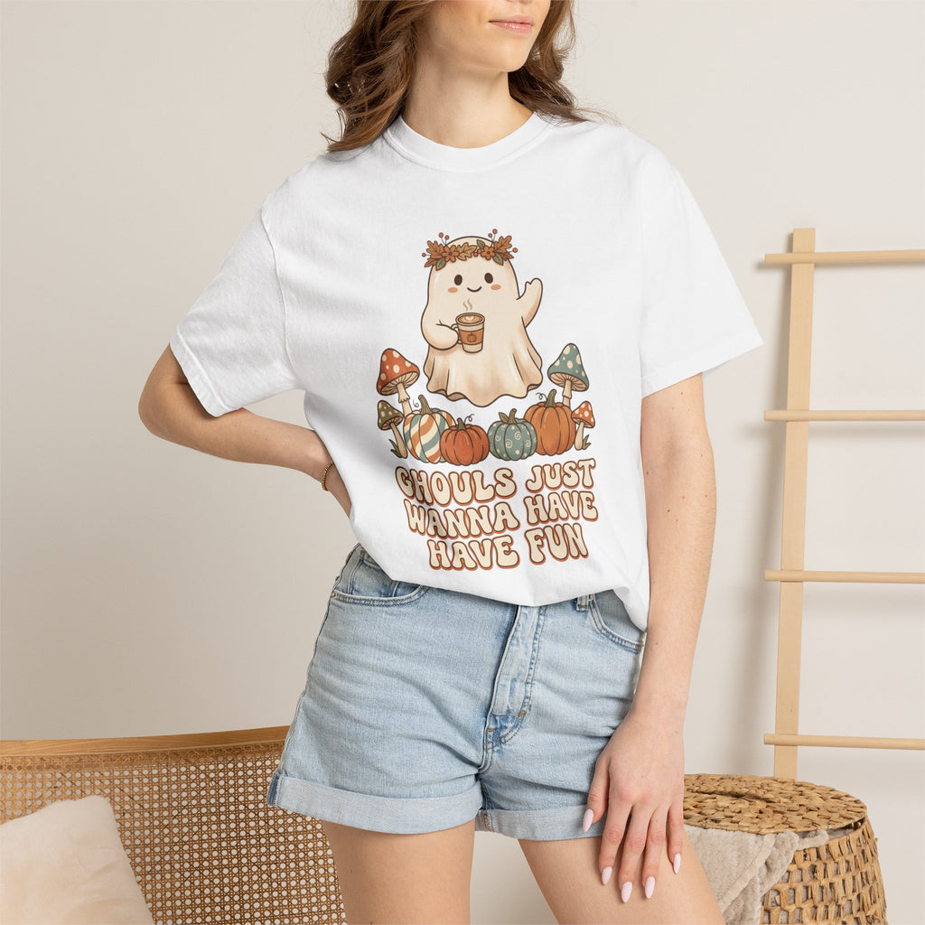 Halloween Ghost T-Shirt — "Ghouls Just Wanna Have Fun" Cute Pumpkin & Mushroom Tee