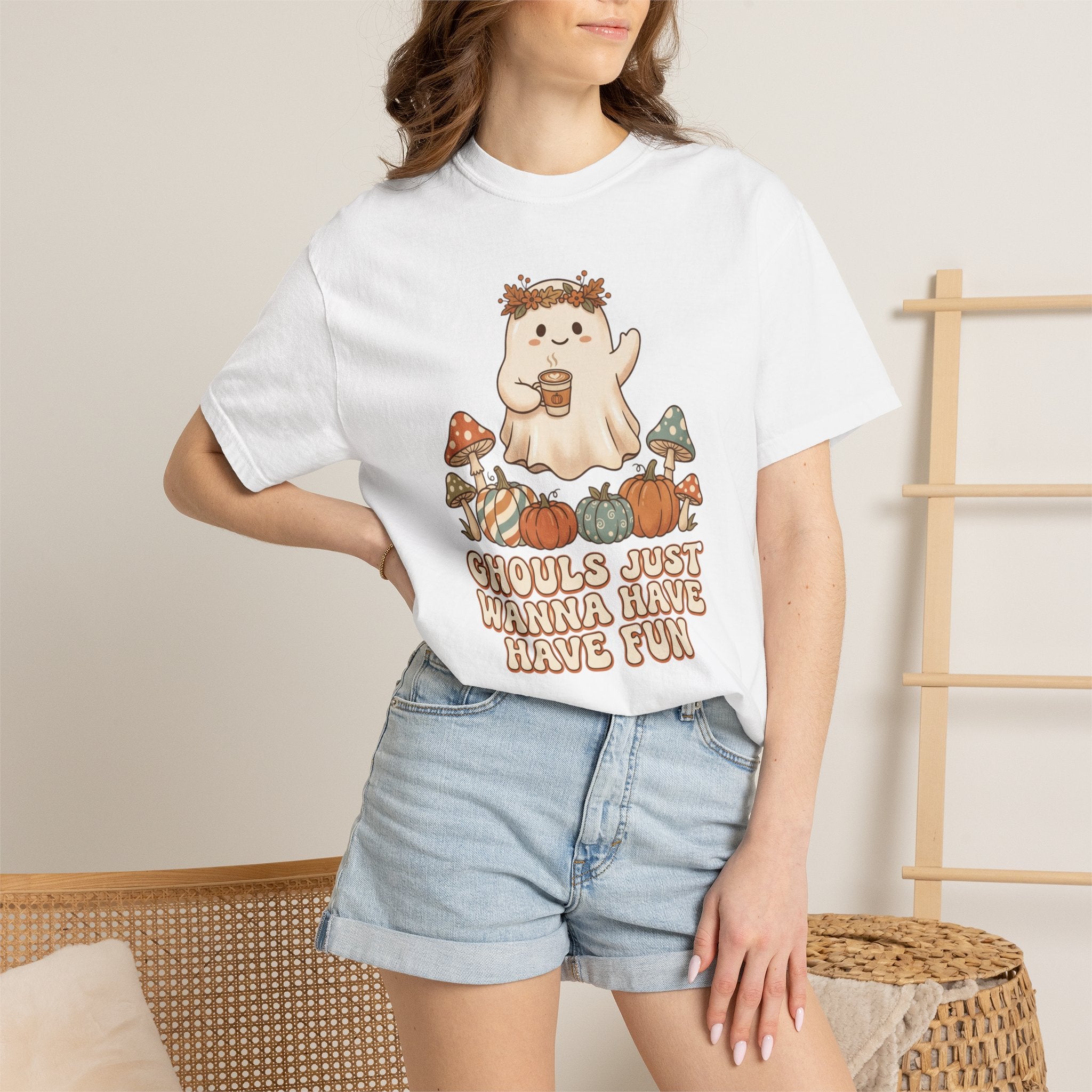 Halloween Ghost T-Shirt — "Ghouls Just Wanna Have Fun" Cute Pumpkin & Mushroom Tee