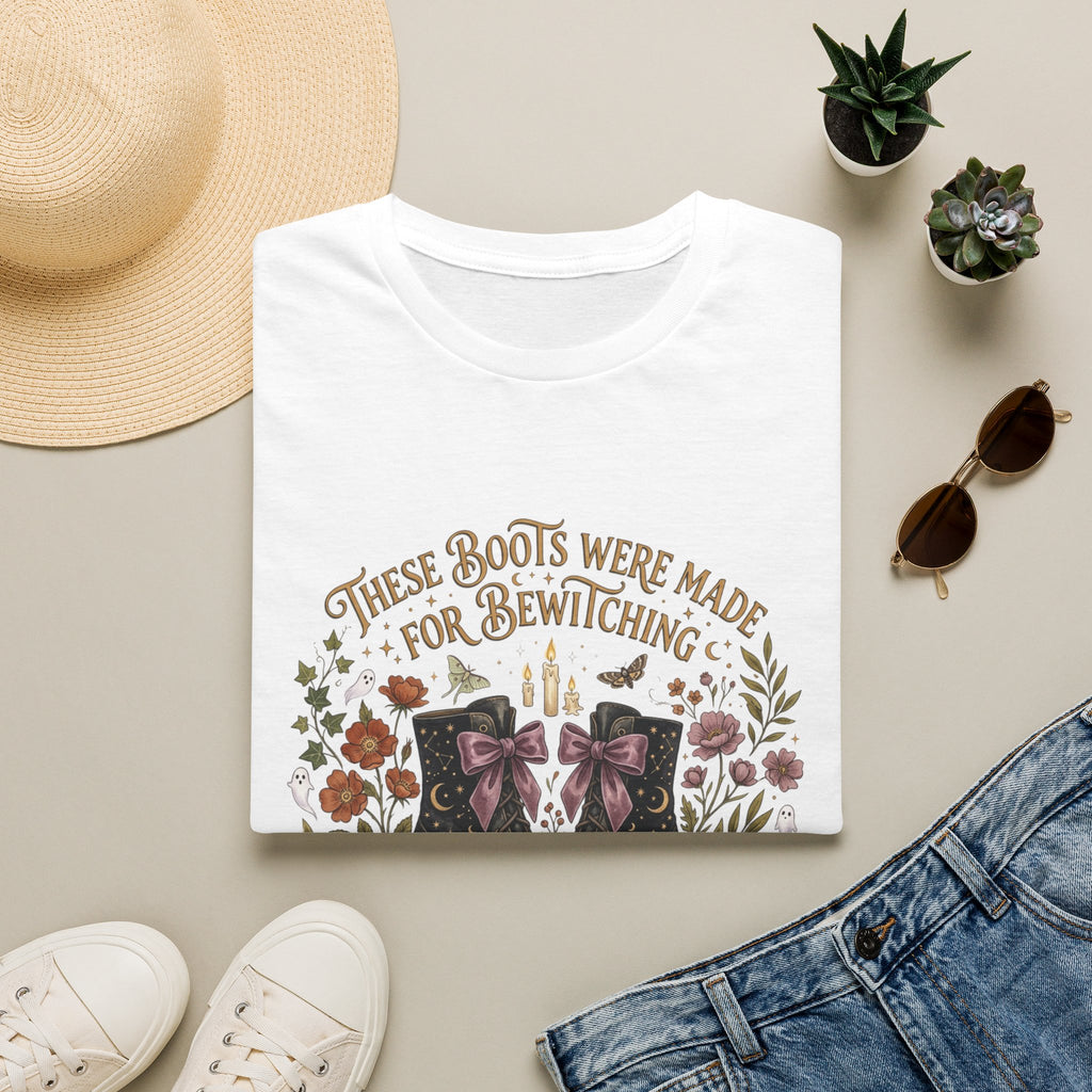Witchy Boots T-Shirt — "These Boots Were Made for Bewitching" Floral Halloween Tee