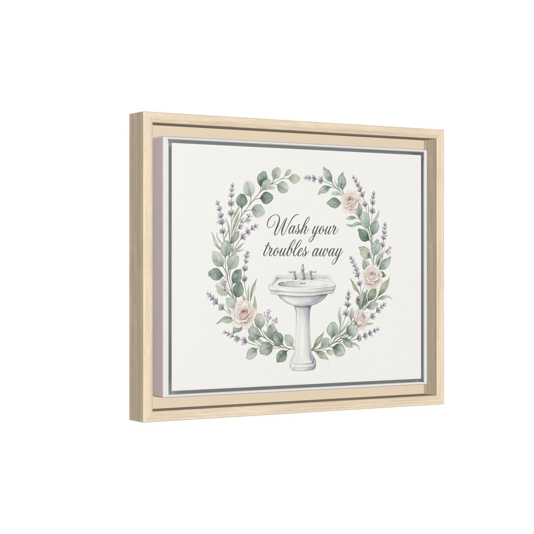 Framed Matte Canvas Wall Art — "Wash Your Troubles Away" Floral Bathroom Sign