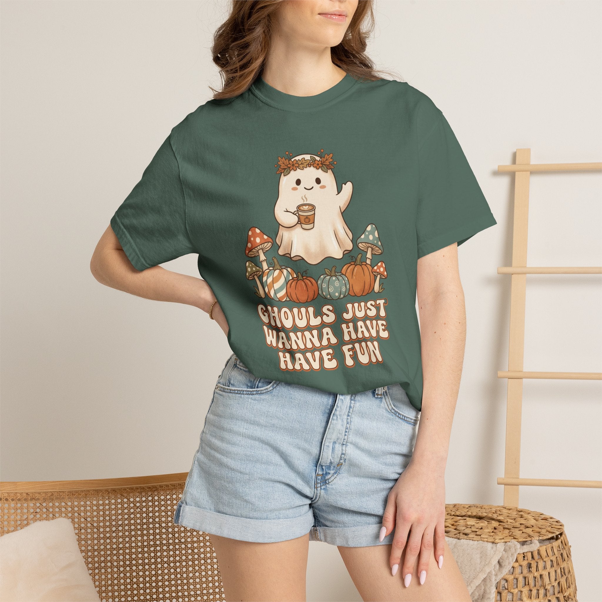 Halloween Ghost T-Shirt — "Ghouls Just Wanna Have Fun" Cute Pumpkin & Mushroom Tee