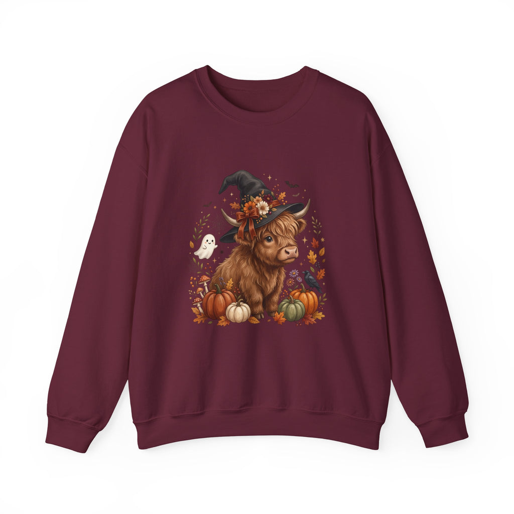 Halloween Highland Cow Sweatshirt – Cute Witch Hat & Pumpkins Fall Crewneck