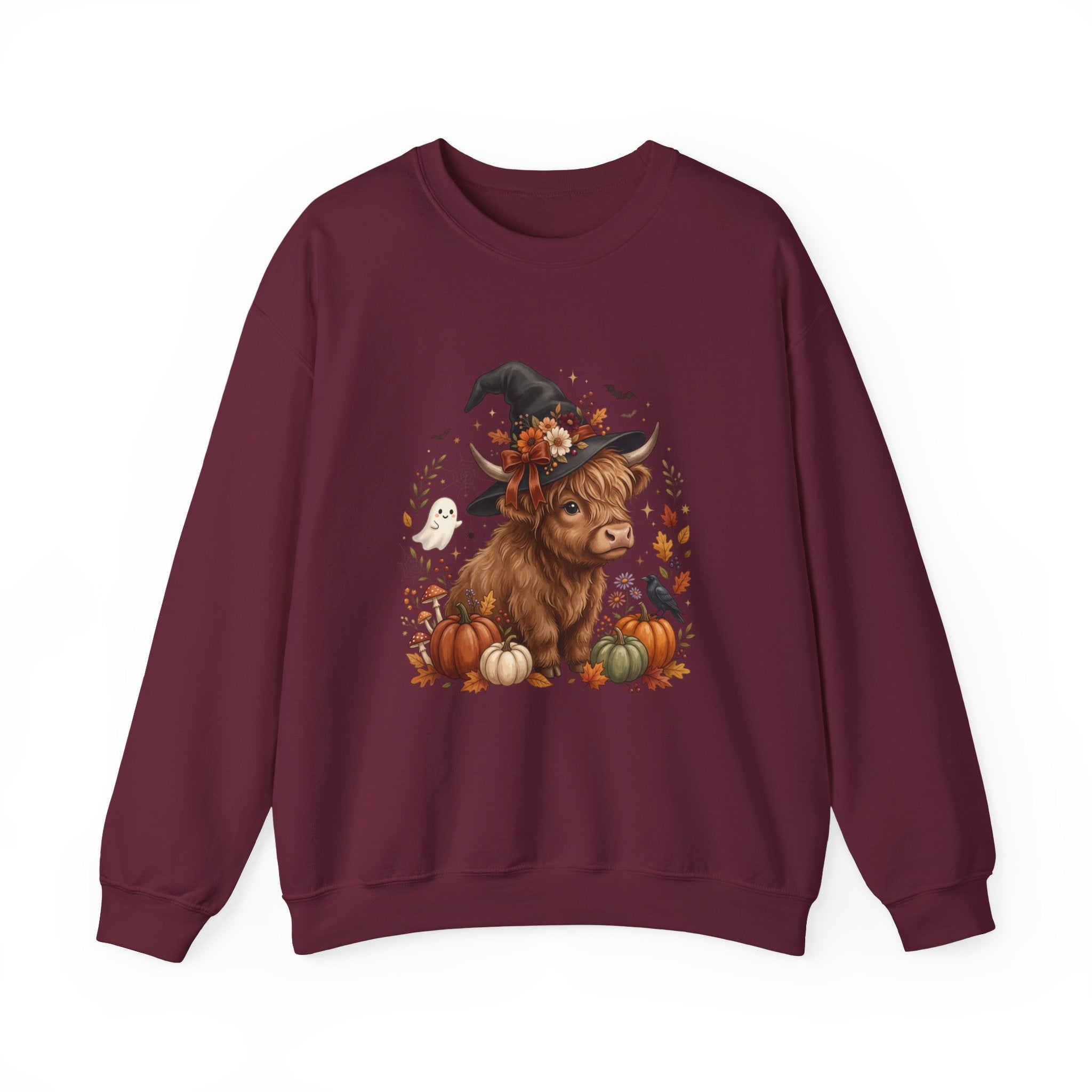 Halloween Highland Cow Sweatshirt – Cute Witch Hat & Pumpkins Fall Crewneck