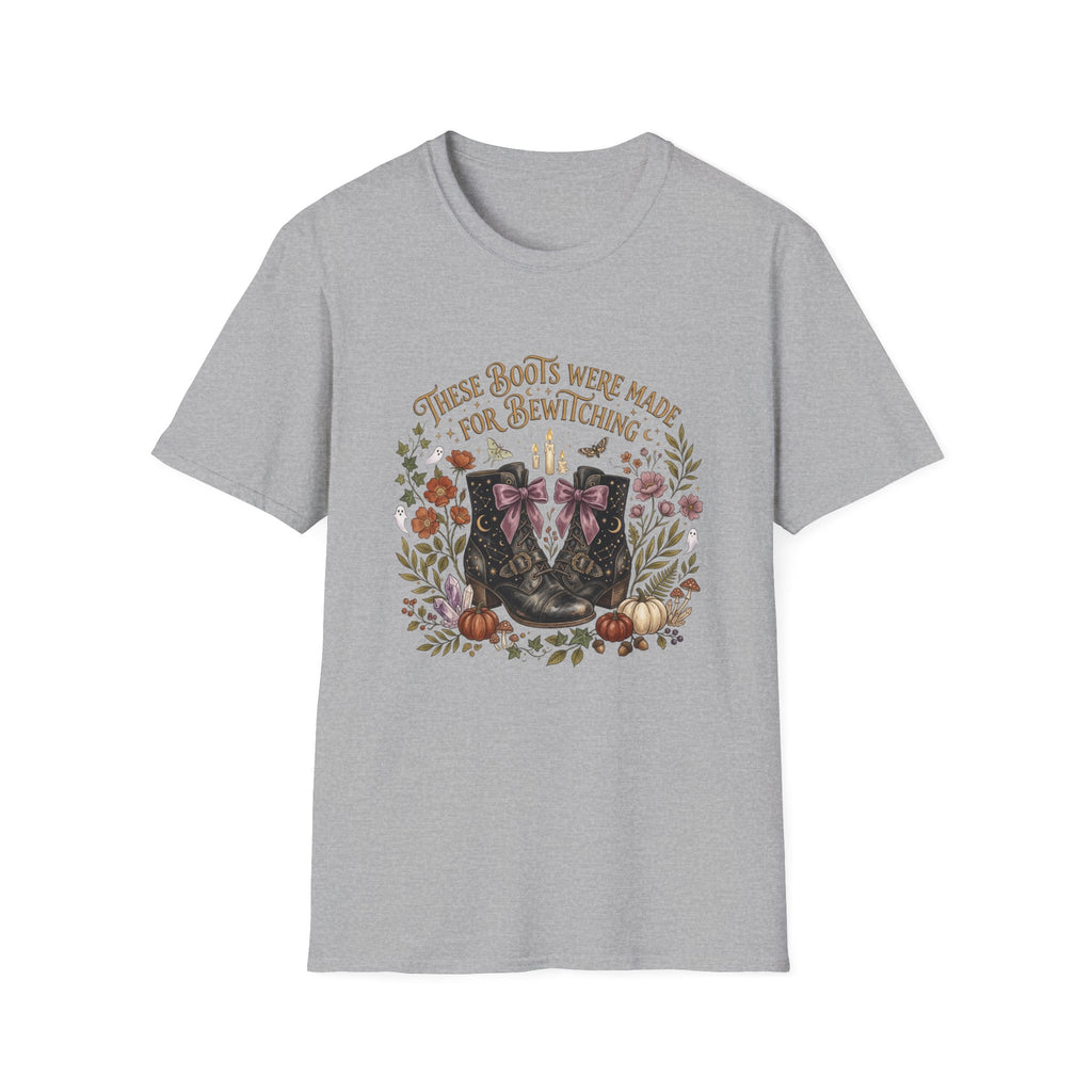 Witchy Boots T-Shirt — "These Boots Were Made for Bewitching" Floral Halloween Tee