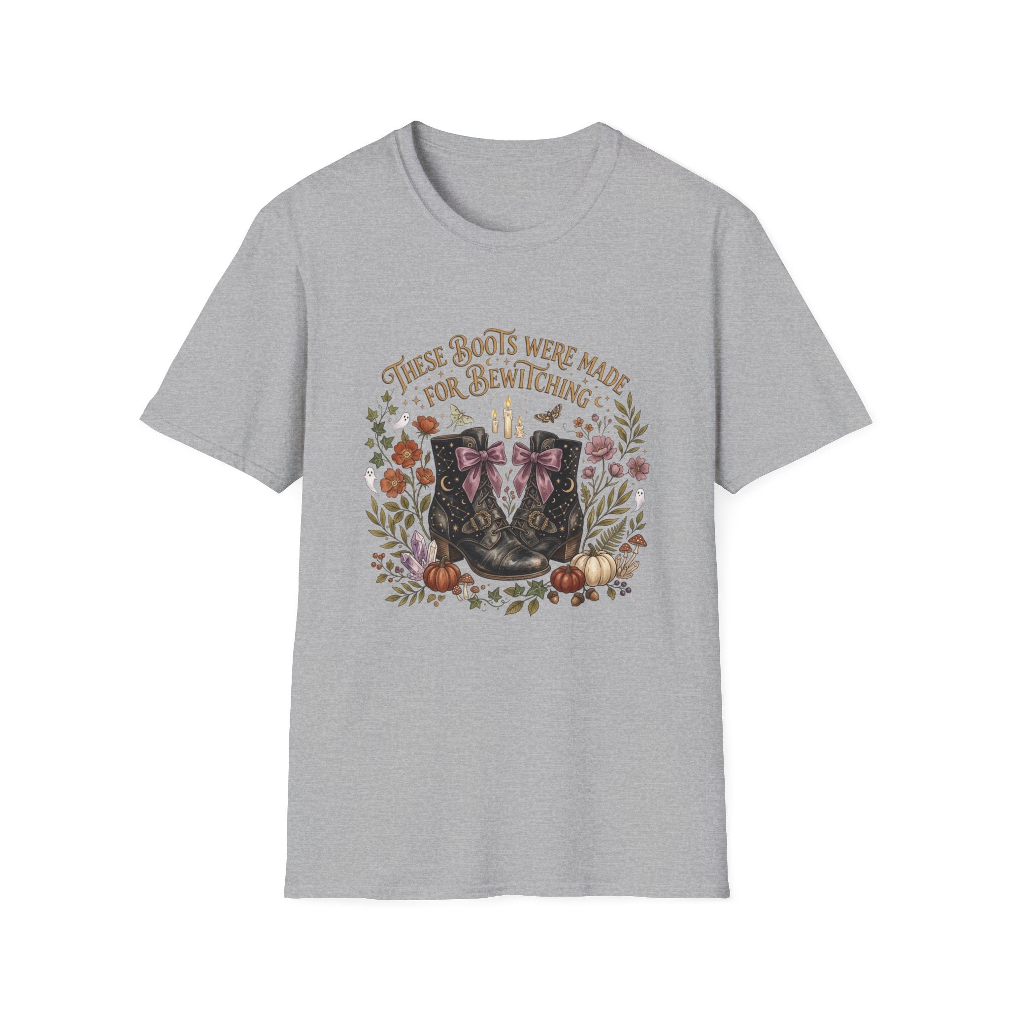 Witchy Boots T-Shirt — "These Boots Were Made for Bewitching" Floral Halloween Tee