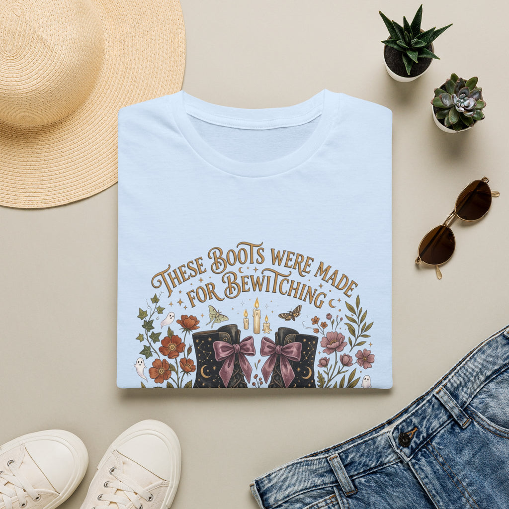 Witchy Boots T-Shirt — "These Boots Were Made for Bewitching" Floral Halloween Tee