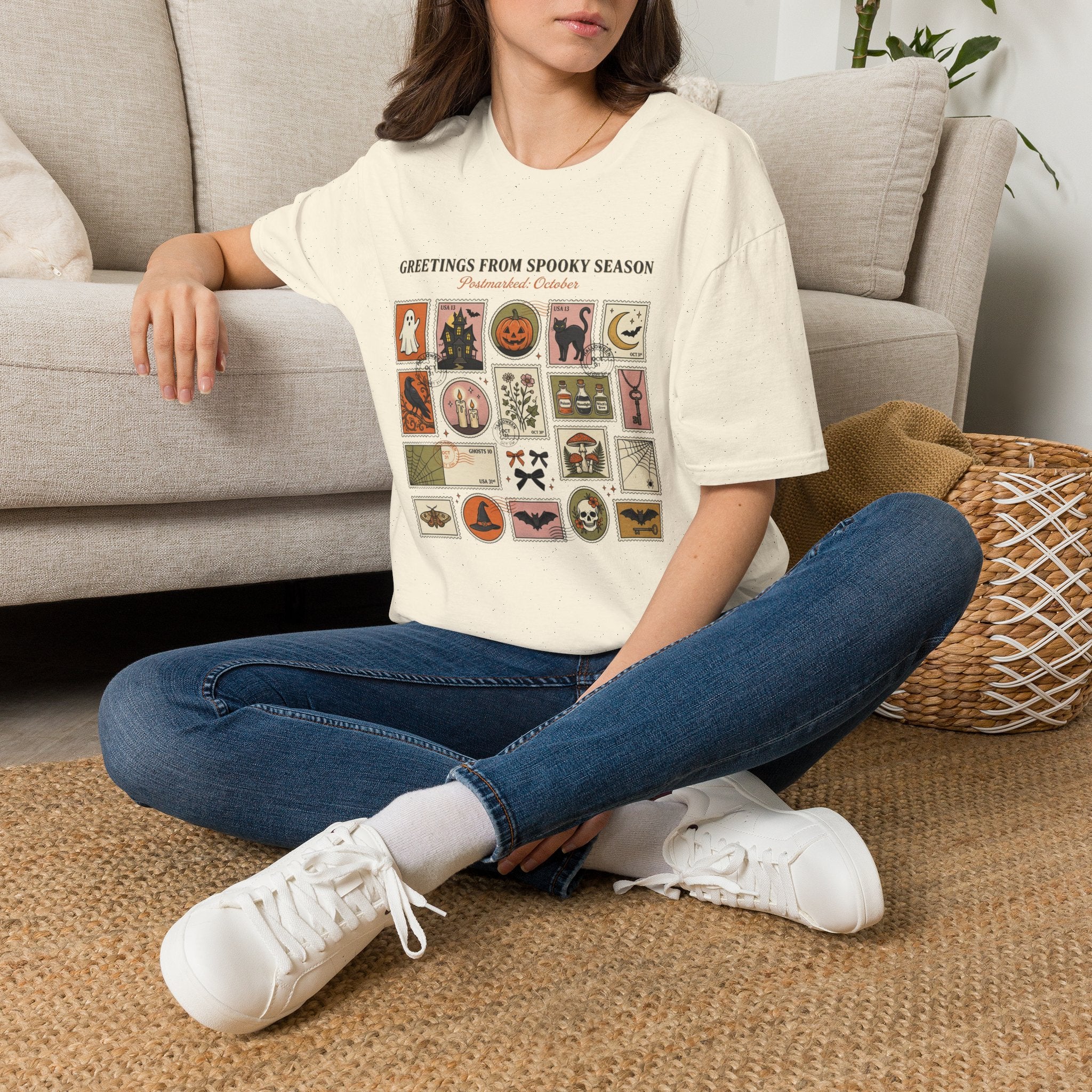 Halloween Stamp Collage T-Shirt — "Greetings From Spooky Season" Vintage Halloween Icons
