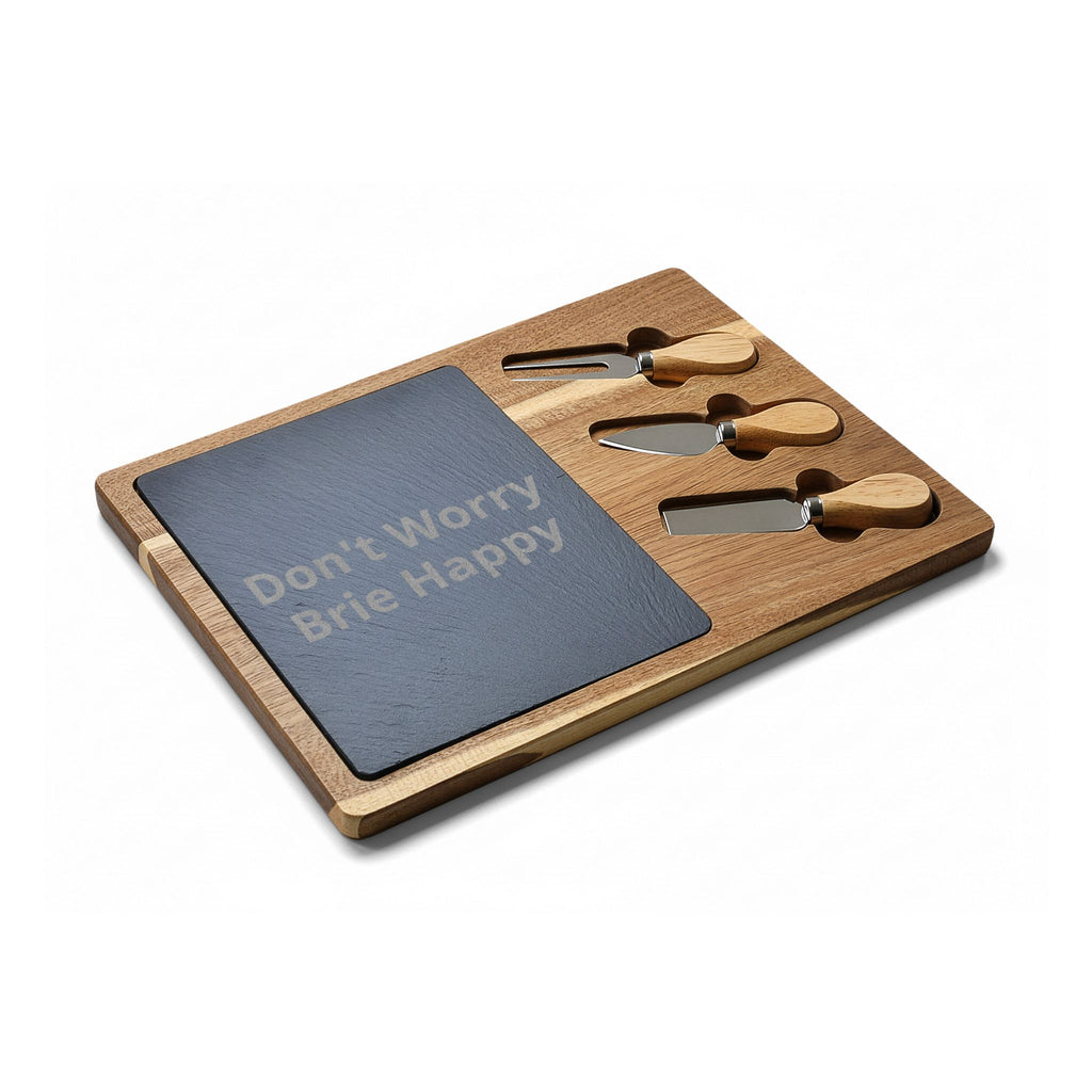 Engraved Acacia Charcuterie Board - "Don't Worry Brie Happy" Slate Cheese Set