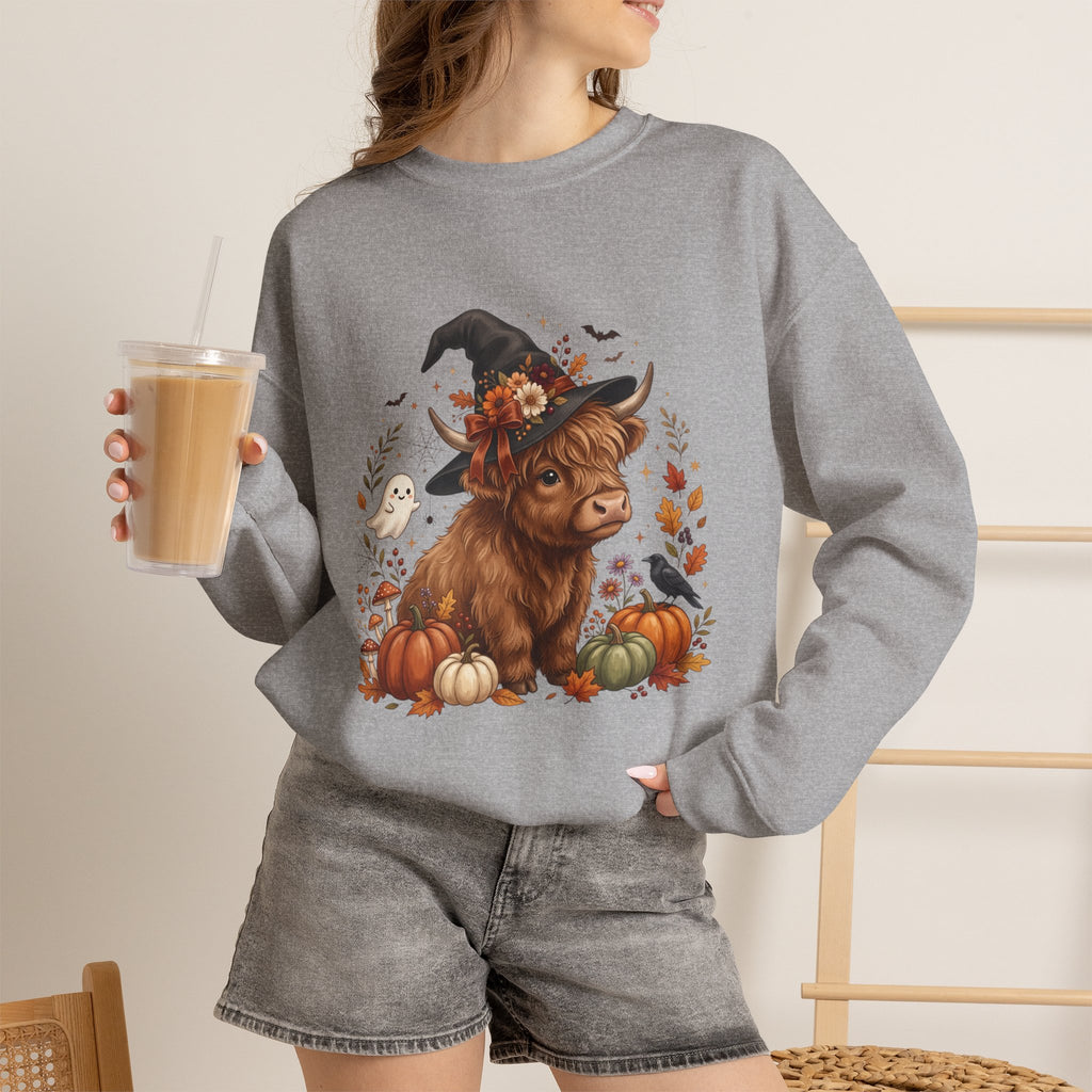 Halloween Highland Cow Sweatshirt – Cute Witch Hat & Pumpkins Fall Crewneck