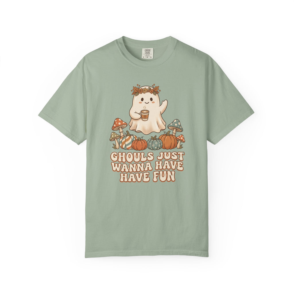 Halloween Ghost T-Shirt — "Ghouls Just Wanna Have Fun" Cute Pumpkin & Mushroom Tee