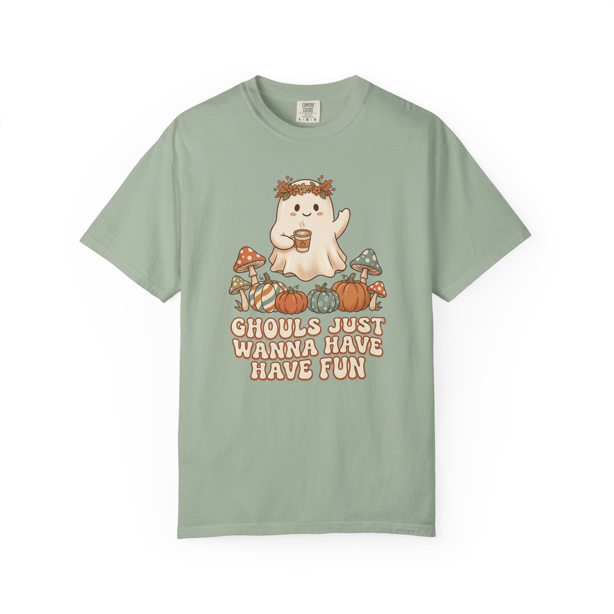 Halloween Ghost T-Shirt — "Ghouls Just Wanna Have Fun" Cute Pumpkin & Mushroom Tee