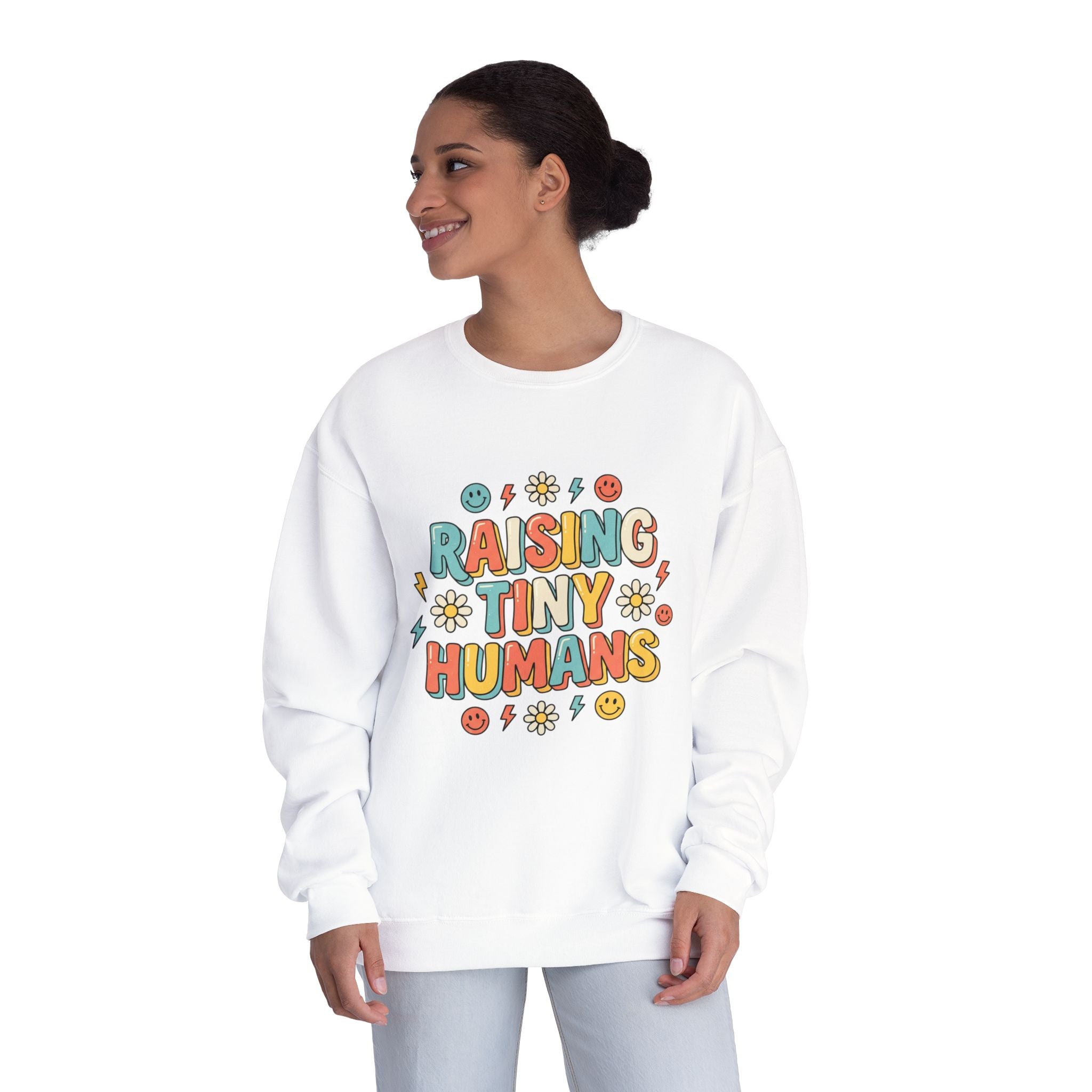 Crewneck Sweatshirt — "Raising Tiny Humans" Colorful Retro Parent Tee