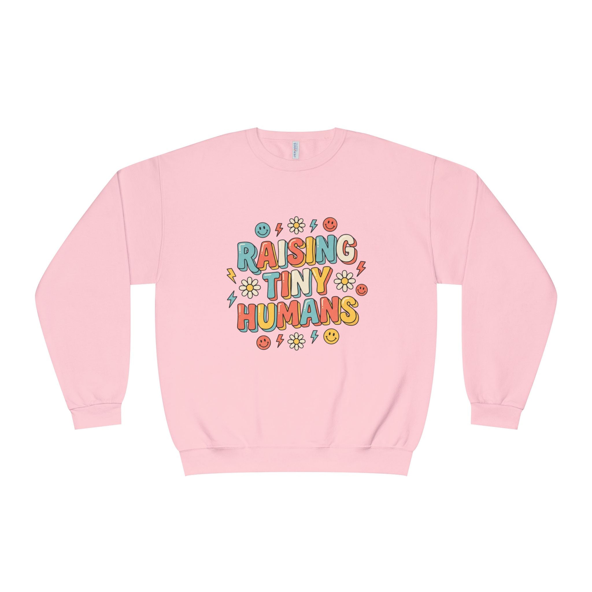 Crewneck Sweatshirt — "Raising Tiny Humans" Colorful Retro Parent Tee