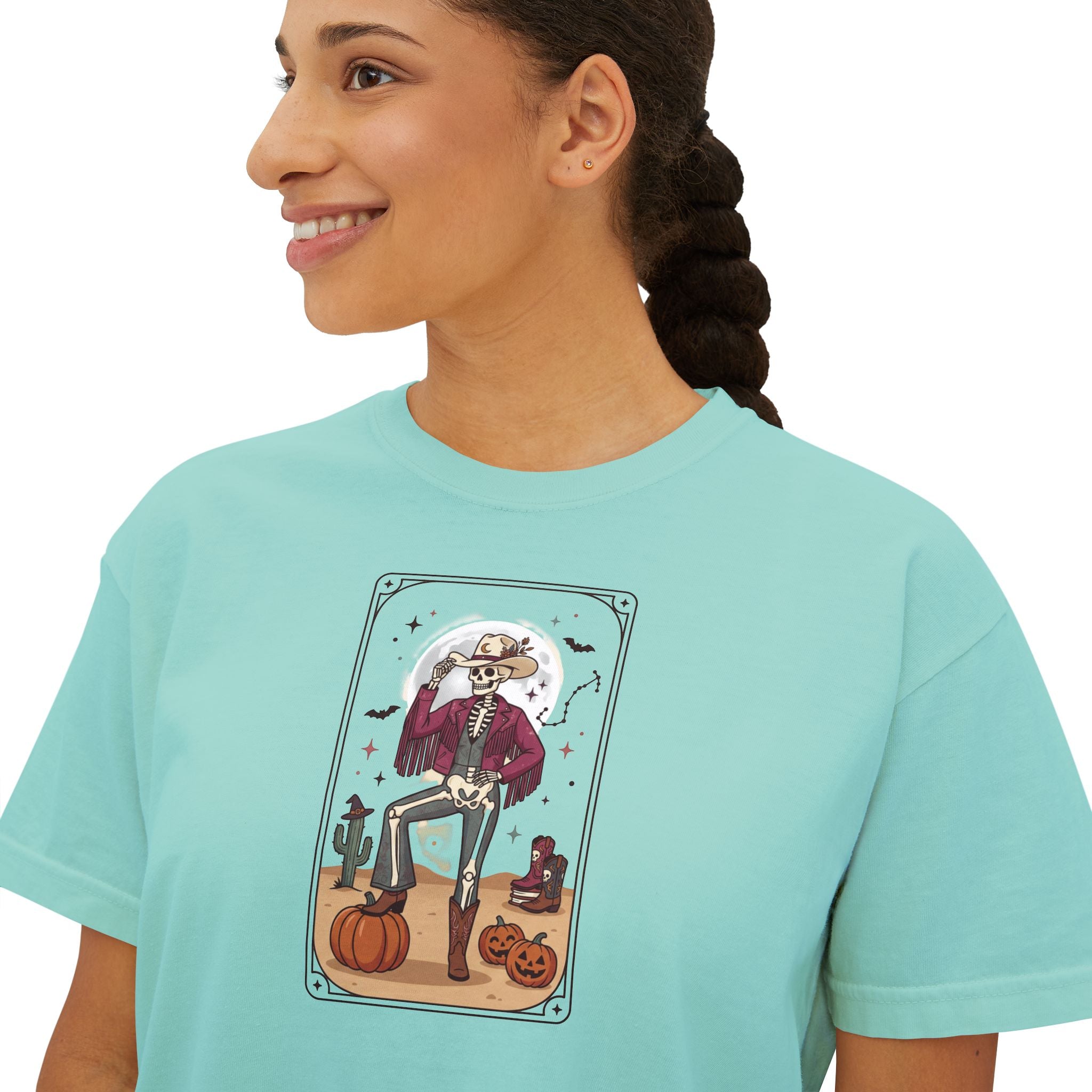 Witch Cat Tarot Boxy Tee — Fall Pumpkin Magic Women’s T-Shirt