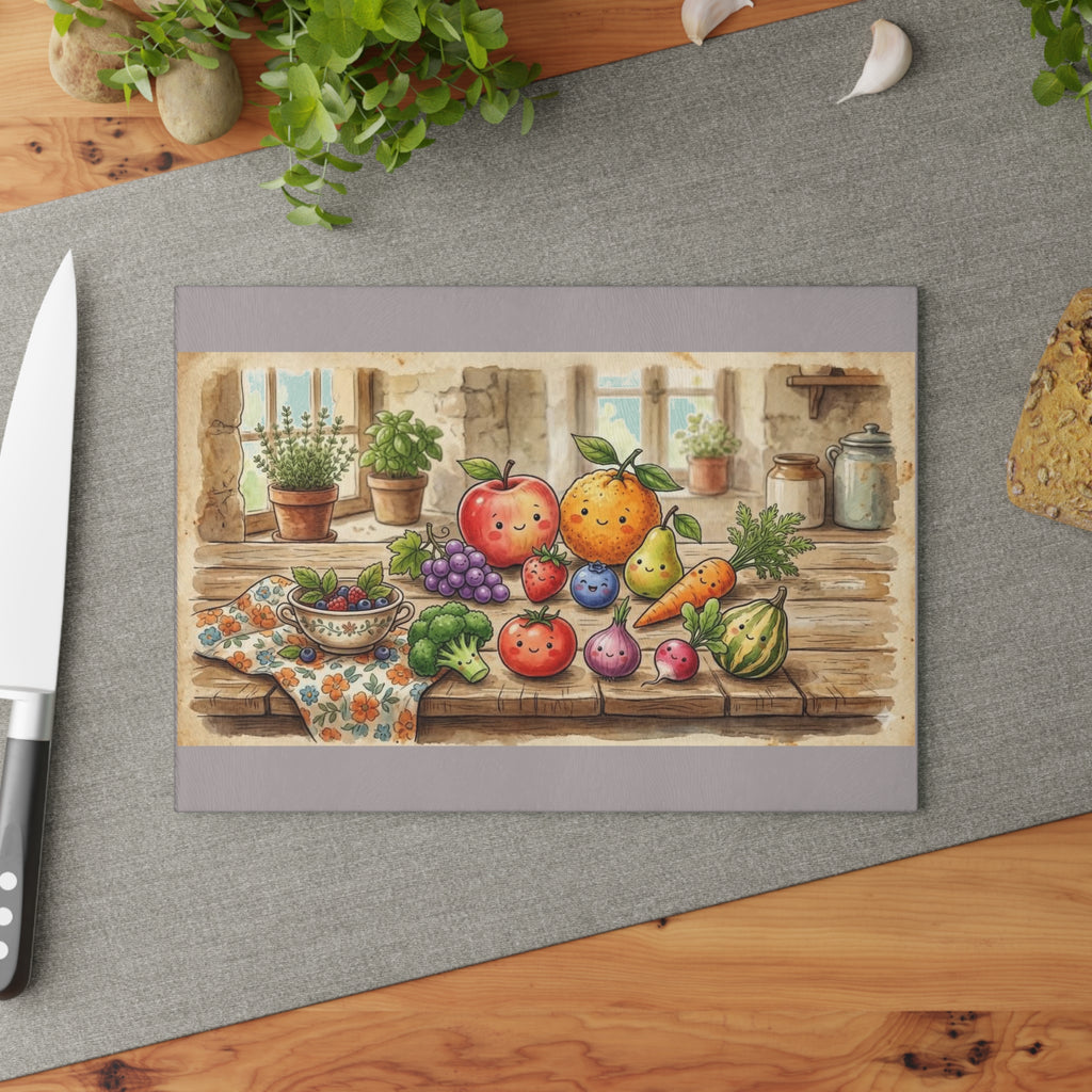Glass Cutting Board — Charming Farmhouse Fruits Kitchen Cutting Board with Cute Fruit Illustration