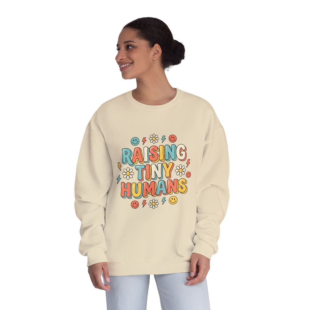 Crewneck Sweatshirt — "Raising Tiny Humans" Colorful Retro Parent Tee