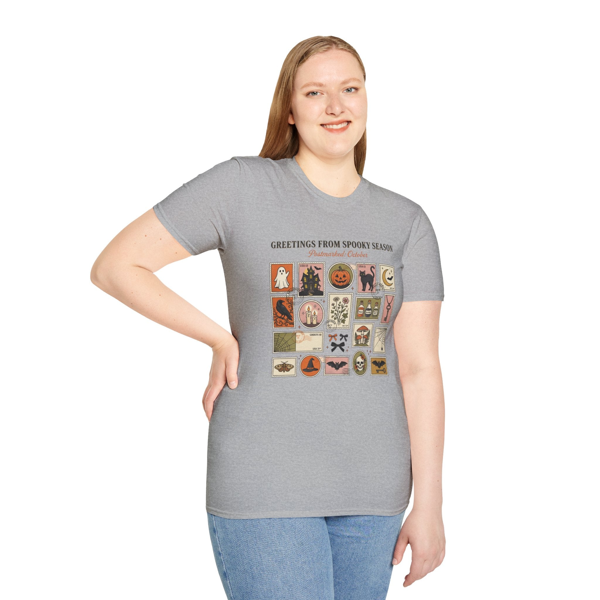 Halloween Stamp Collage T-Shirt — "Greetings From Spooky Season" Vintage Halloween Icons