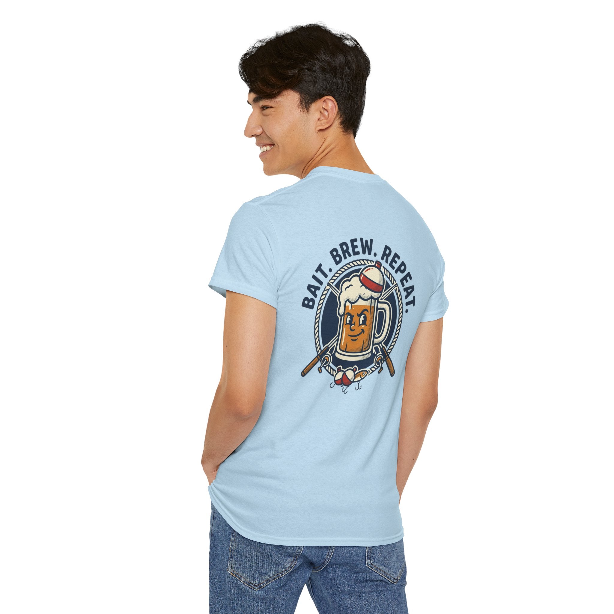 Beer & Fishing T-Shirt — “Bait. Brew. Repeat.” Graphic Tee
