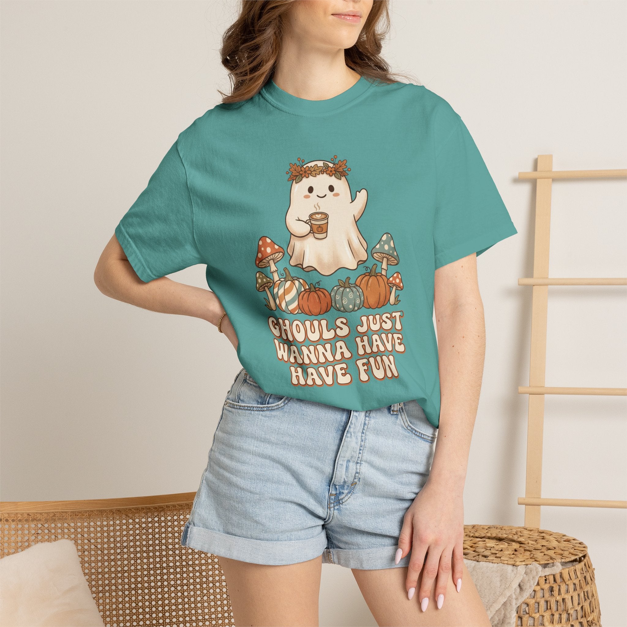 Halloween Ghost T-Shirt — "Ghouls Just Wanna Have Fun" Cute Pumpkin & Mushroom Tee