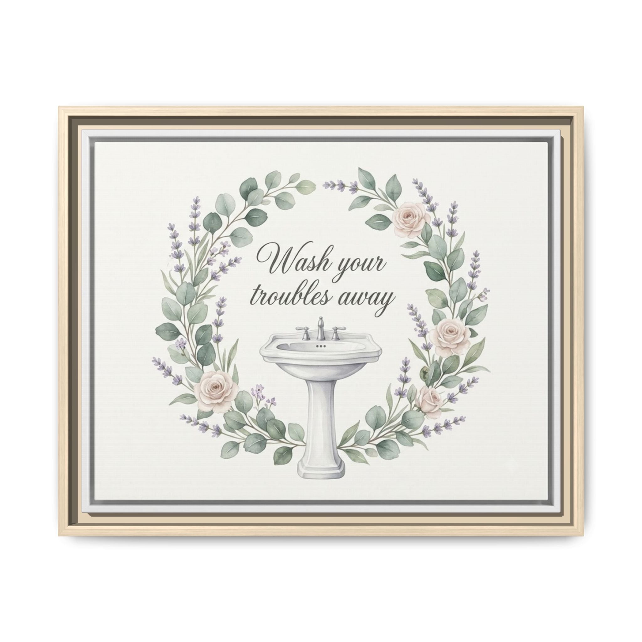 Framed Matte Canvas Wall Art — "Wash Your Troubles Away" Floral Bathroom Sign