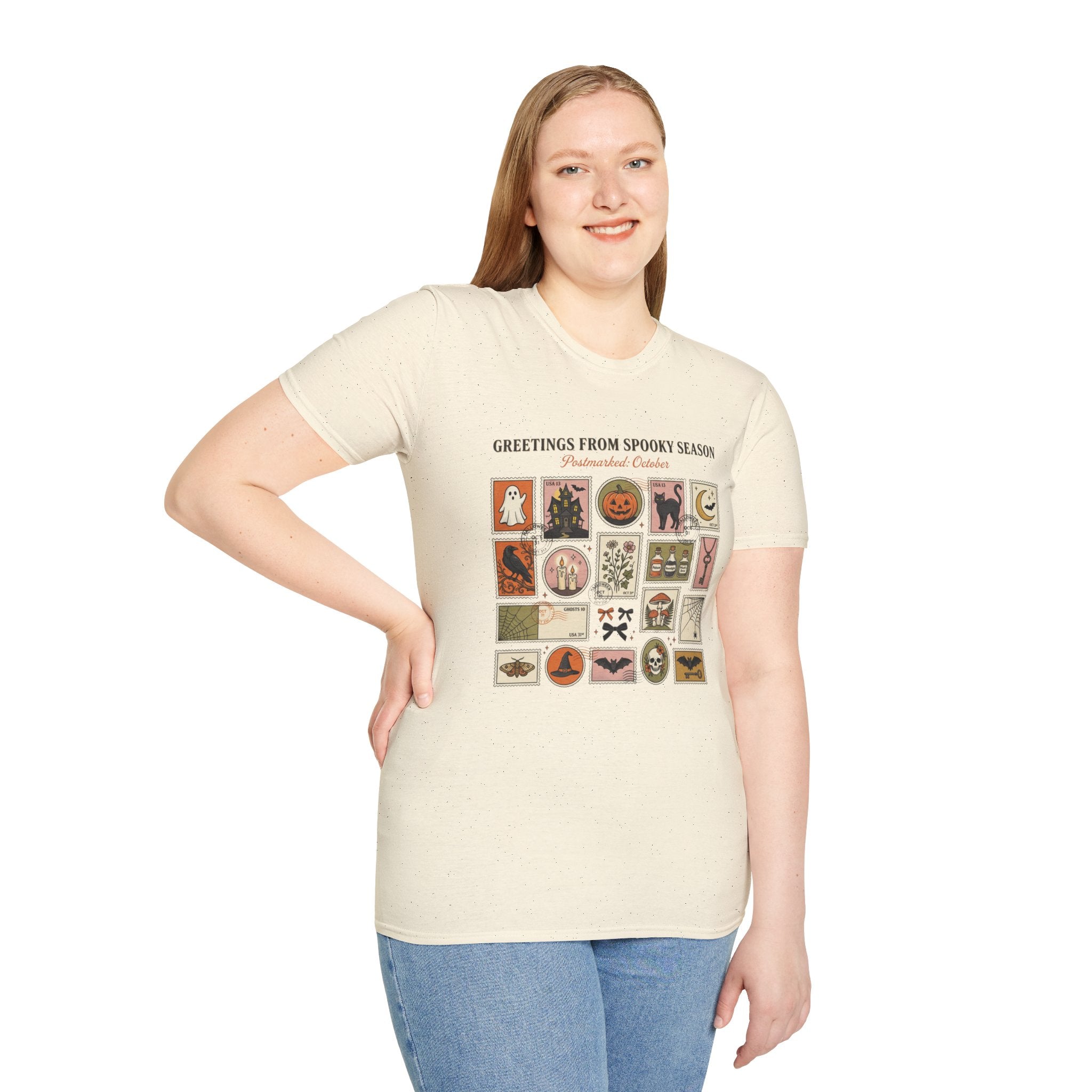 Halloween Stamp Collage T-Shirt — "Greetings From Spooky Season" Vintage Halloween Icons