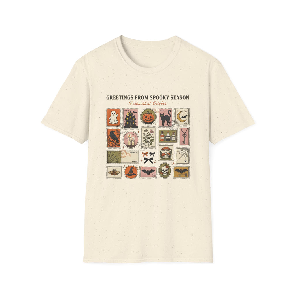 Halloween Stamp Collage T-Shirt — "Greetings From Spooky Season" Vintage Halloween Icons
