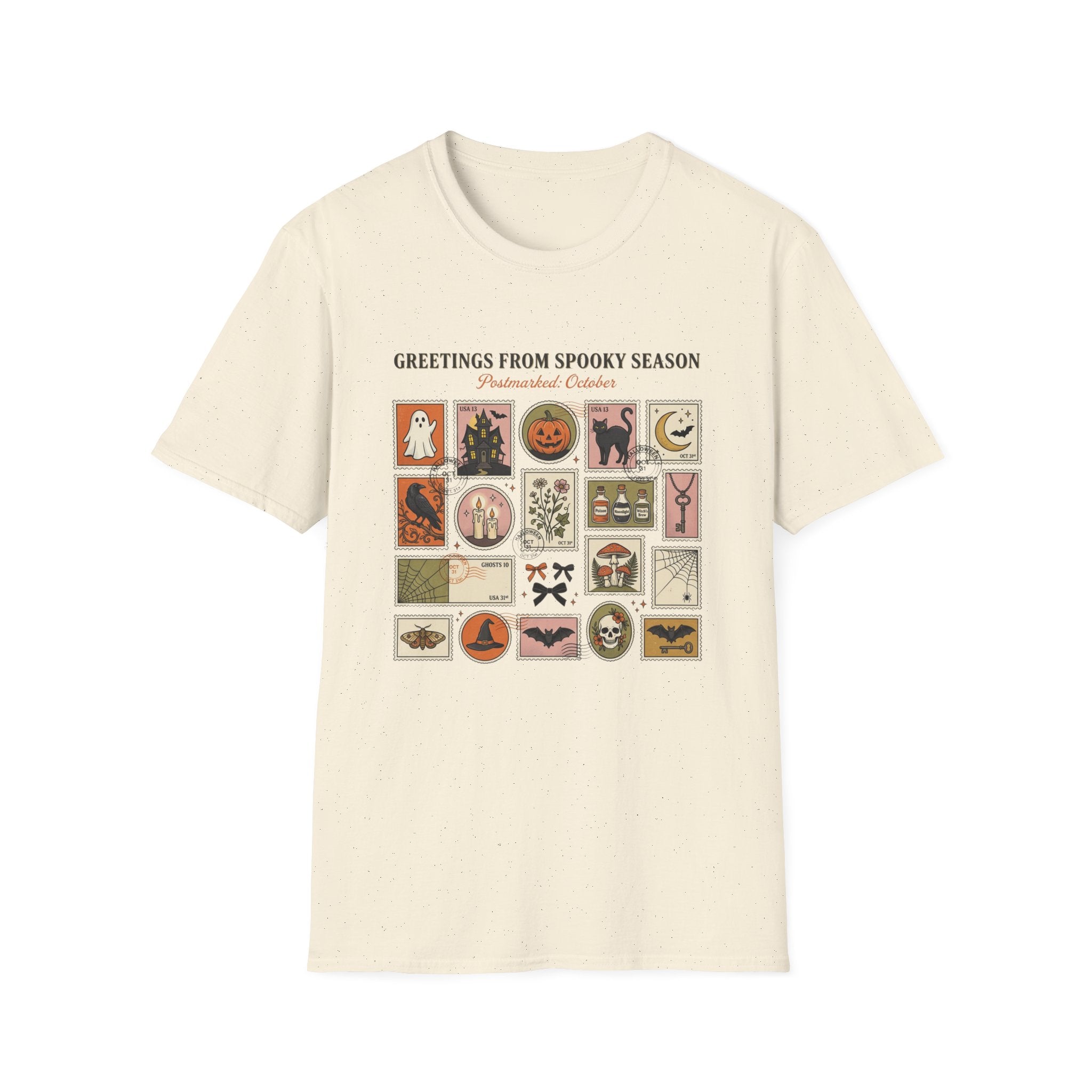 Halloween Stamp Collage T-Shirt — "Greetings From Spooky Season" Vintage Halloween Icons