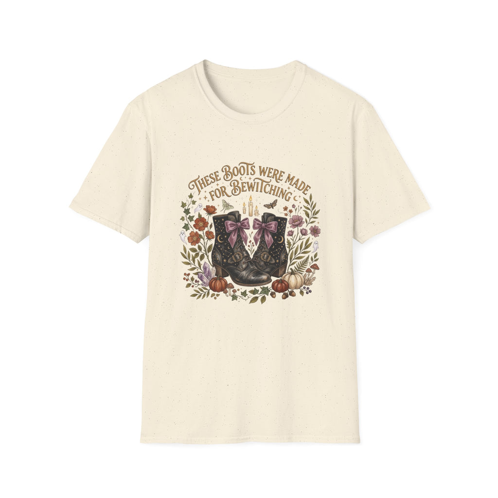 Witchy Boots T-Shirt — "These Boots Were Made for Bewitching" Floral Halloween Tee