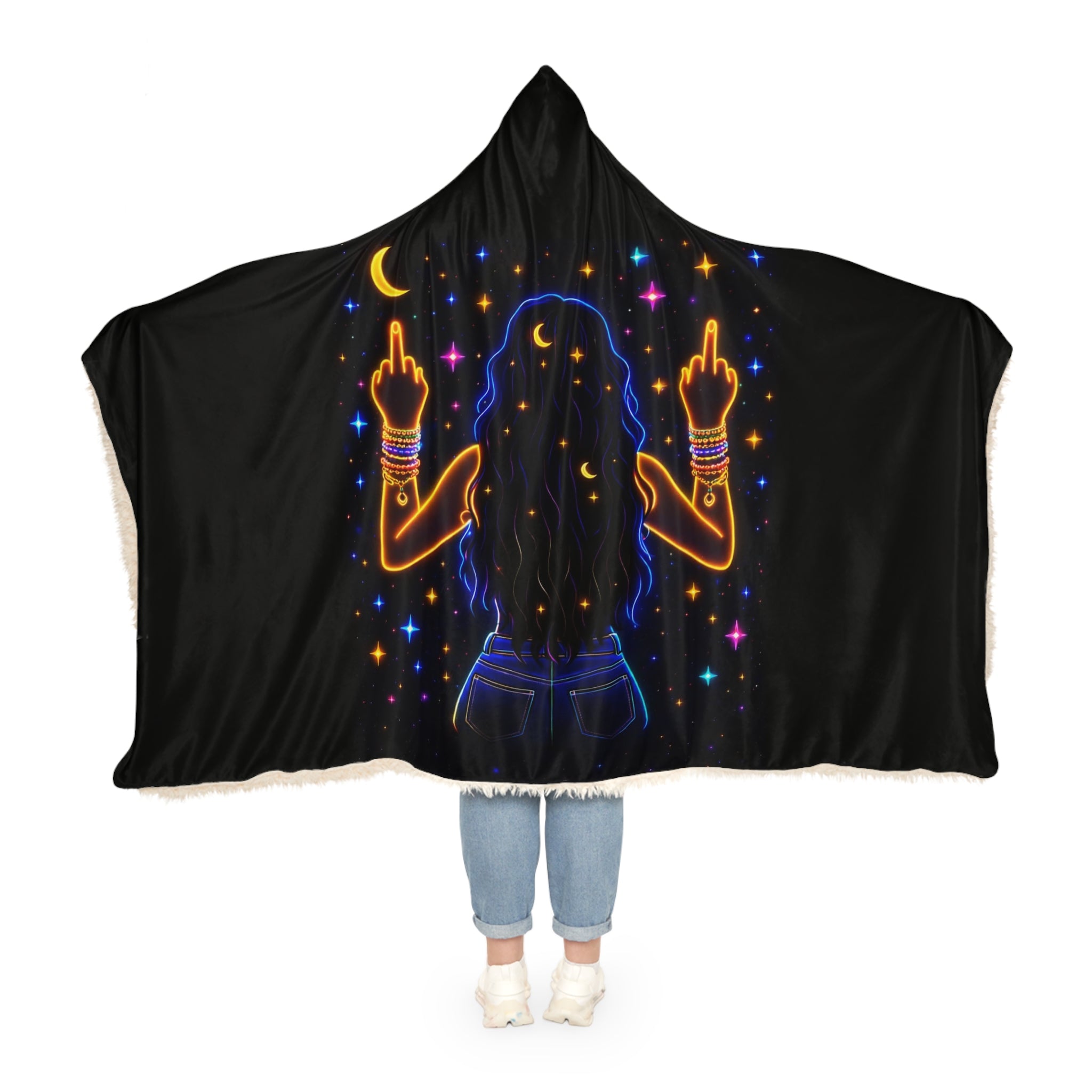 Middle Finger Moon Hooded Blanket – Cozy Reversible Snuggle Throw for Rebellious Women
