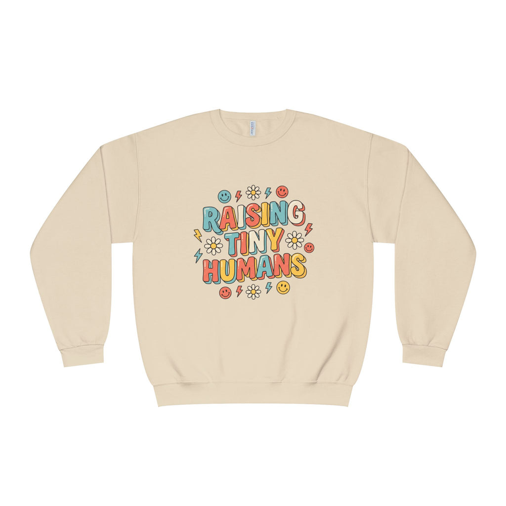 Crewneck Sweatshirt — "Raising Tiny Humans" Colorful Retro Parent Tee