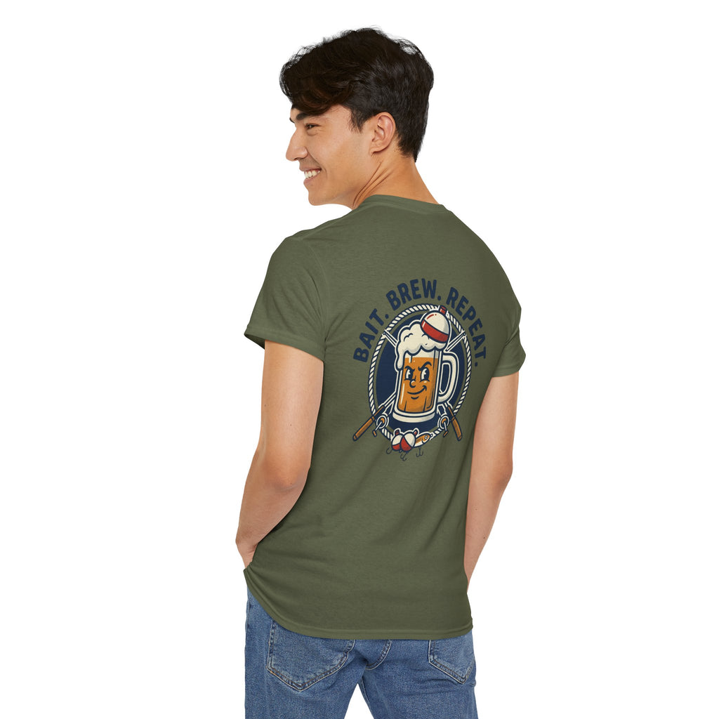 Beer & Fishing T-Shirt — “Bait. Brew. Repeat.” Graphic Tee