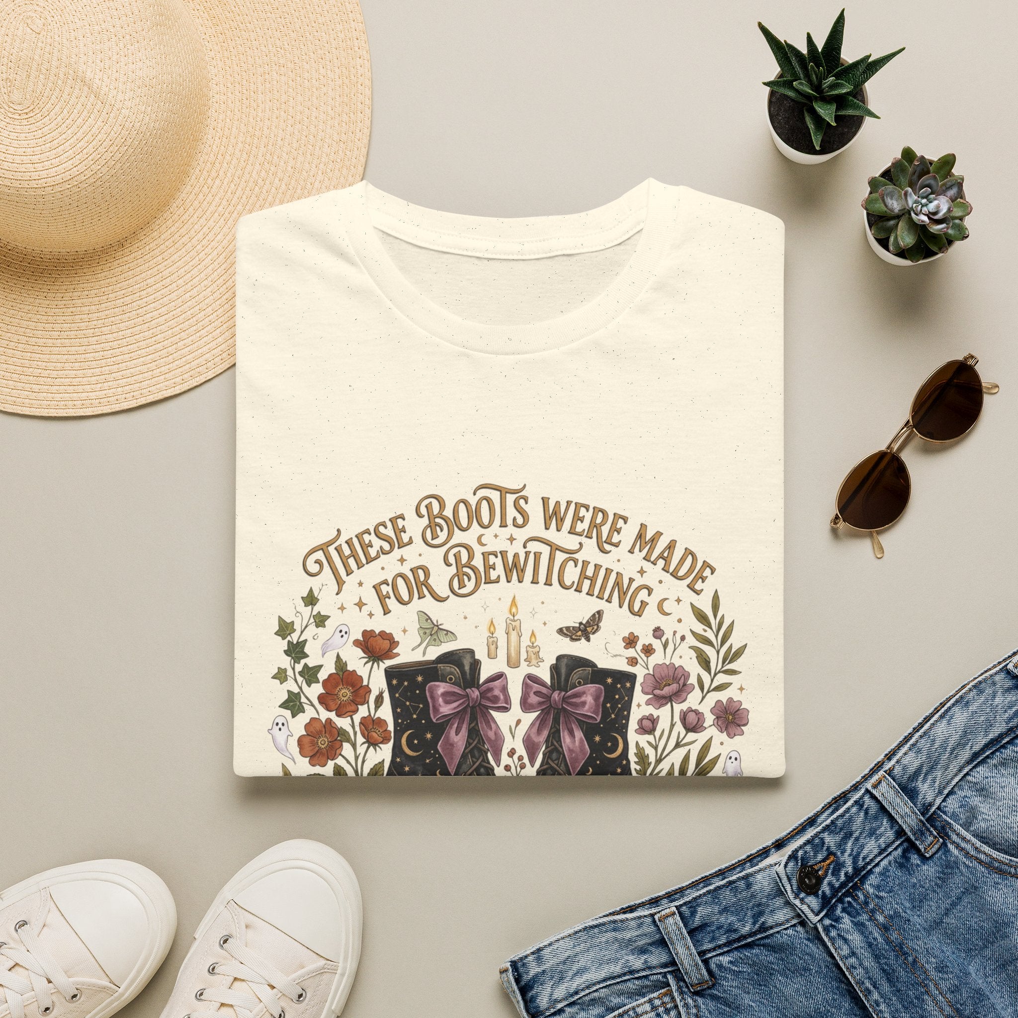 Witchy Boots T-Shirt — "These Boots Were Made for Bewitching" Floral Halloween Tee