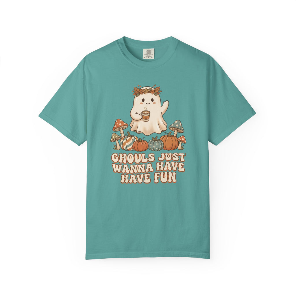 Halloween Ghost T-Shirt — "Ghouls Just Wanna Have Fun" Cute Pumpkin & Mushroom Tee