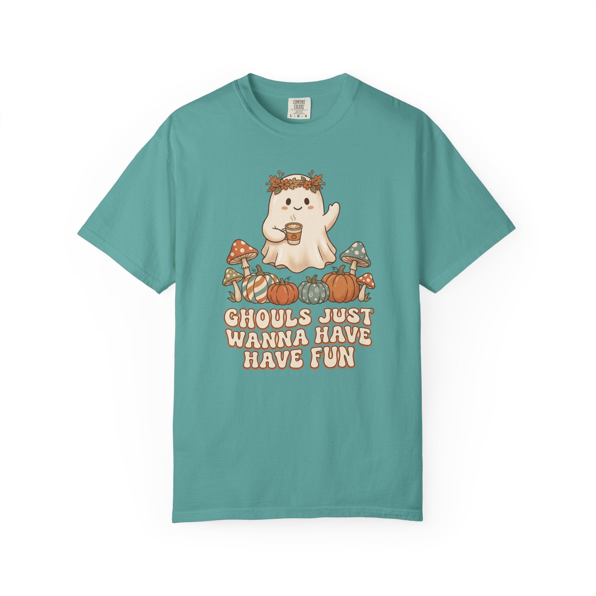 Halloween Ghost T-Shirt — "Ghouls Just Wanna Have Fun" Cute Pumpkin & Mushroom Tee