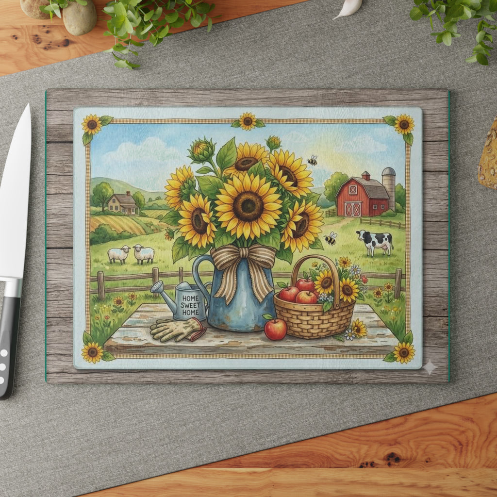 Sunflower Farm Glass Cutting Board – Country Kitchen Decor