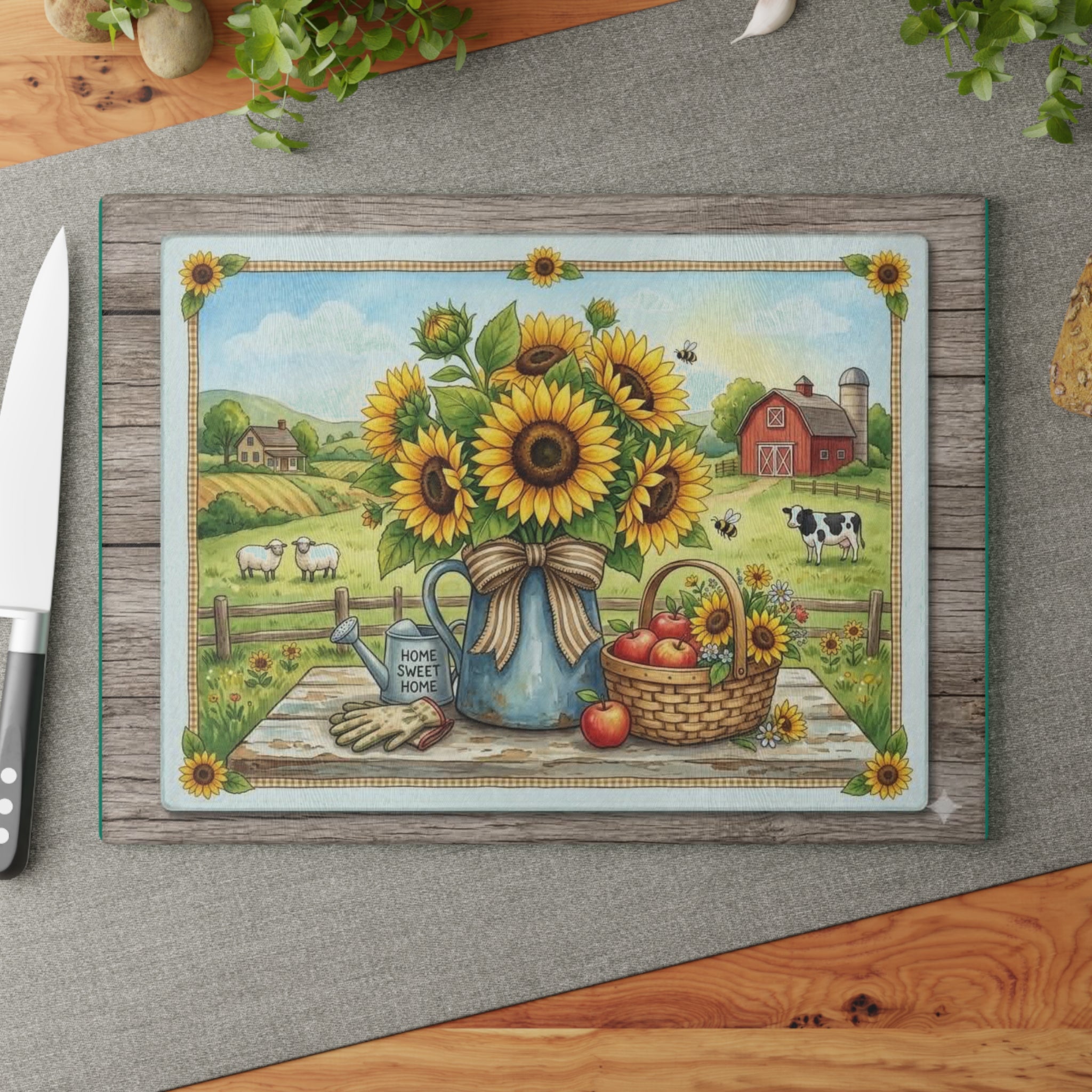 Sunflower Farm Glass Cutting Board – Country Kitchen Decor