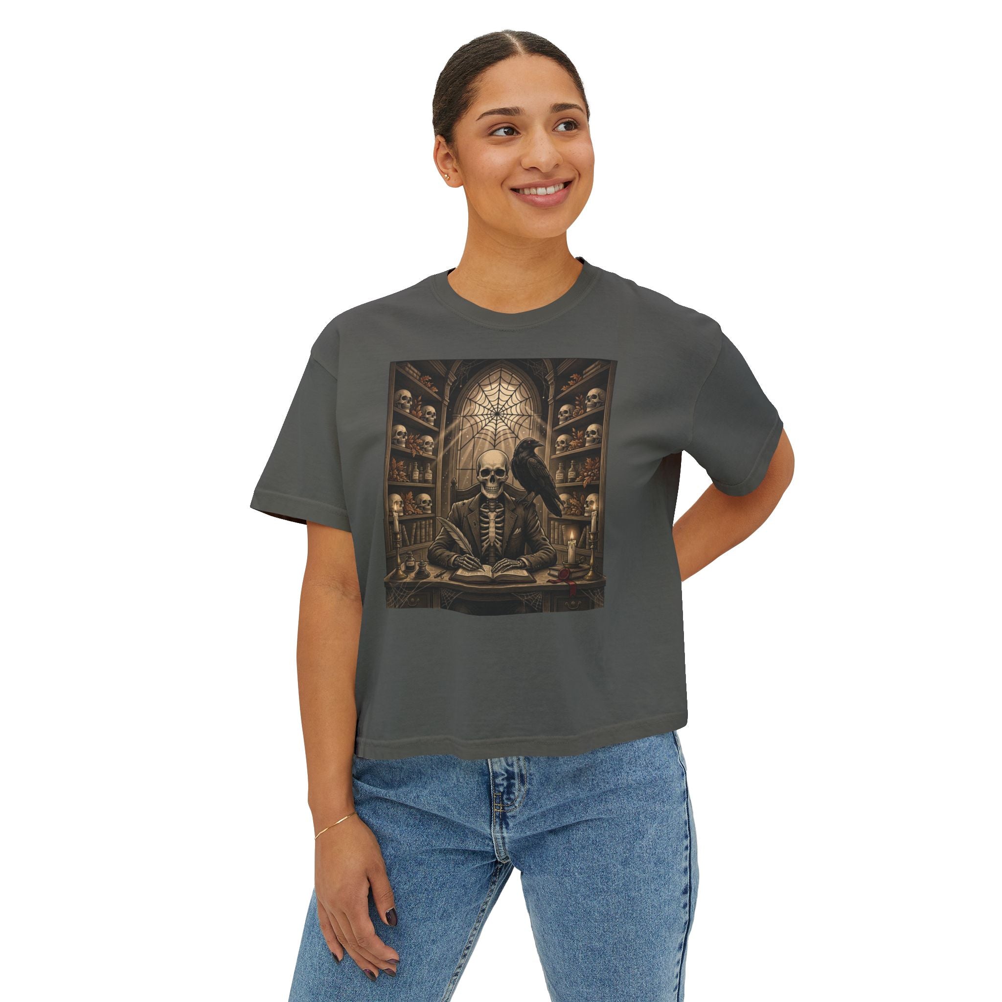 Gothic Apothecary Skull Tee — Raven & Spellbook Women's Boxy T-Shirt