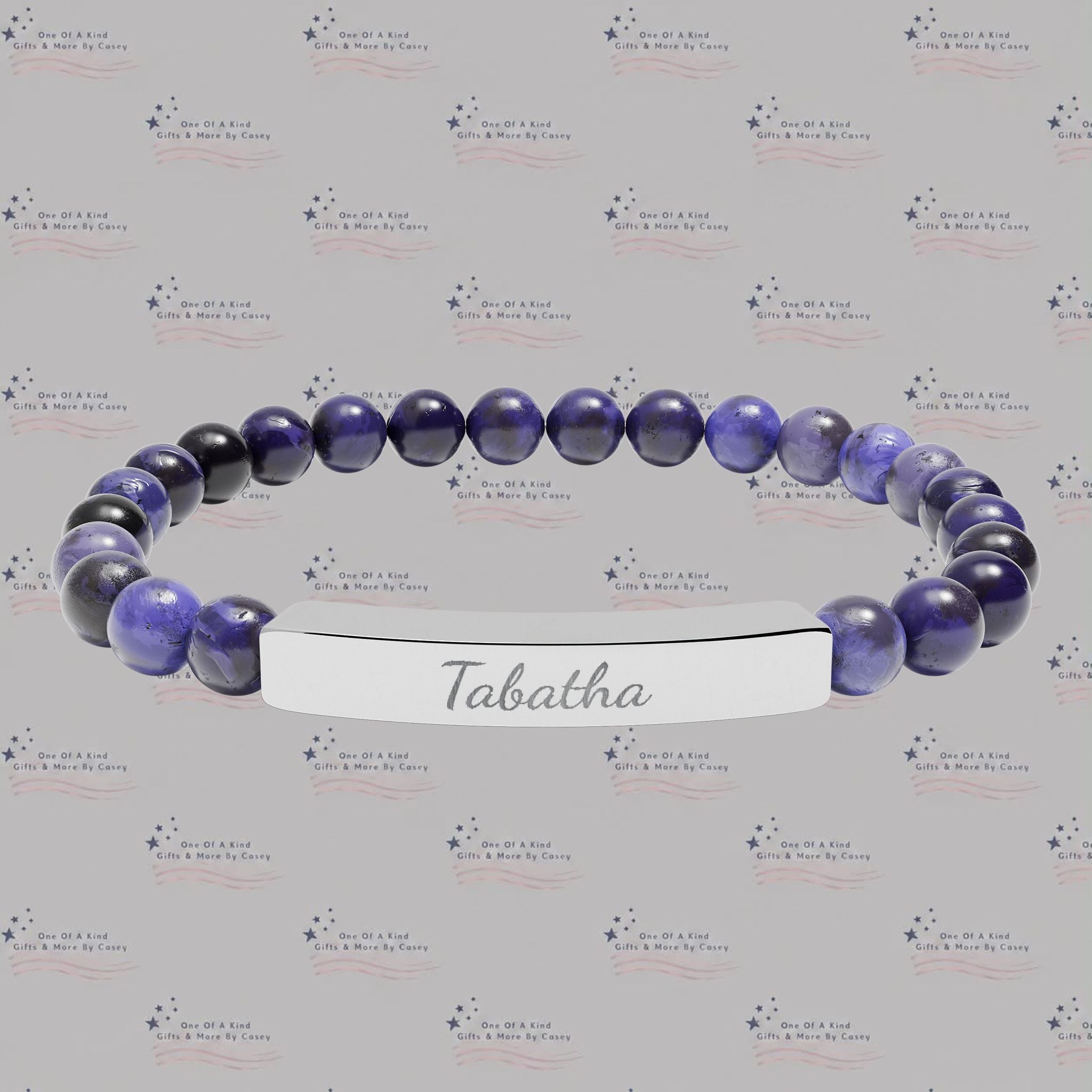 Engravable Natural Stone Bead Stretch Bracelet — Personalized Bar Bracelet