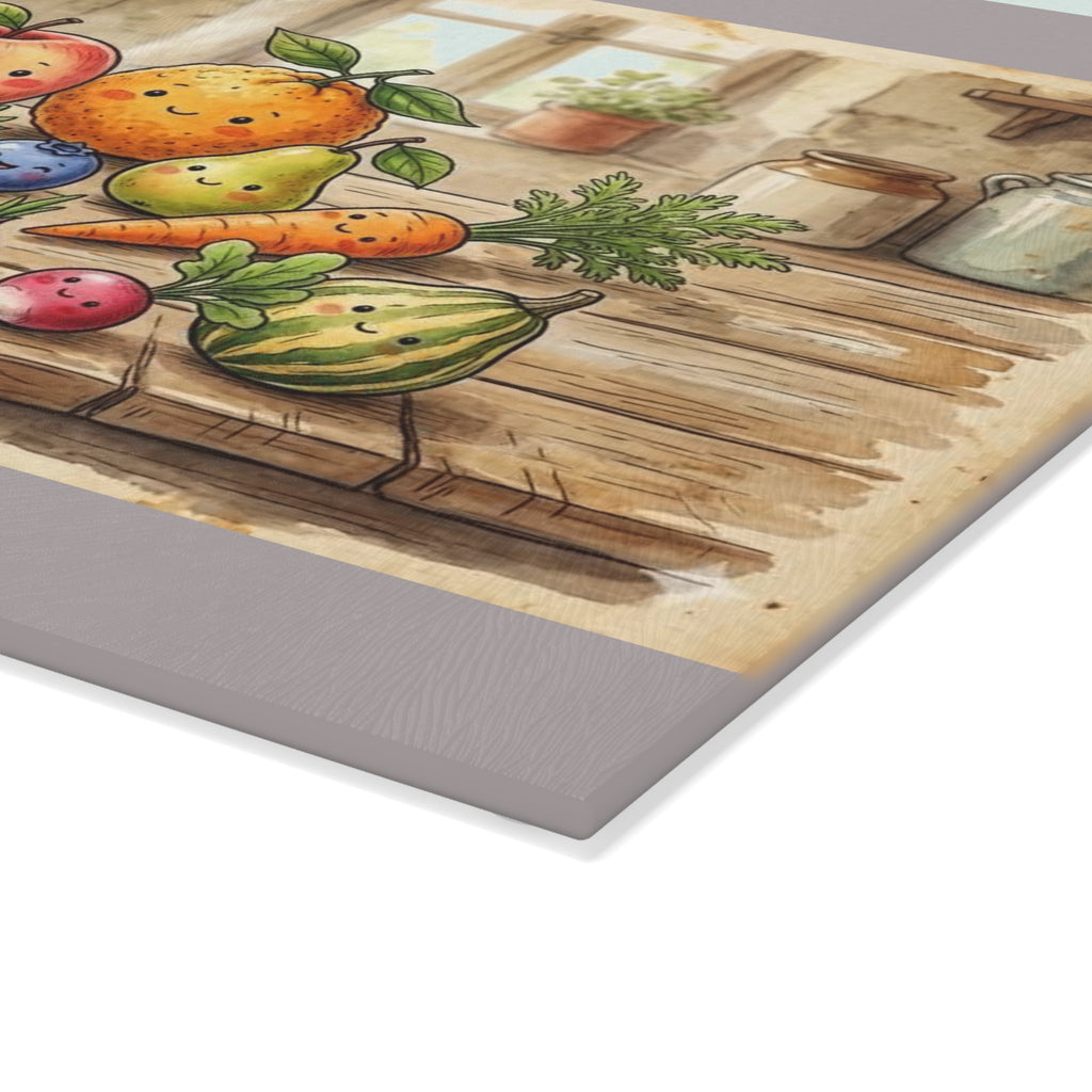 Glass Cutting Board — Charming Farmhouse Fruits Kitchen Cutting Board with Cute Fruit Illustration