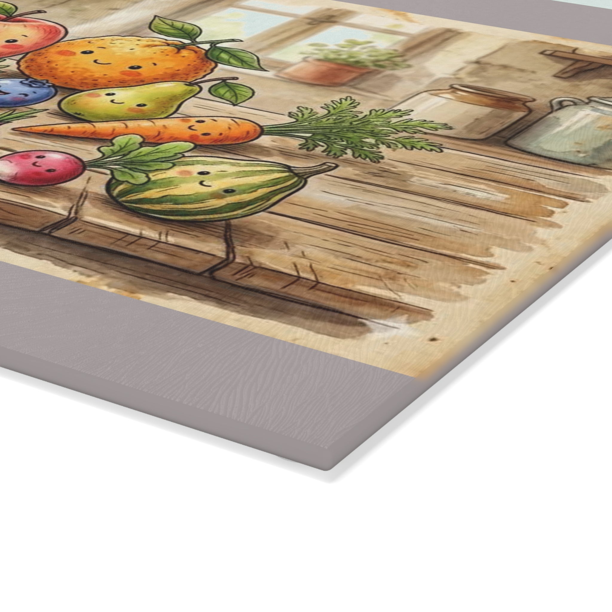 Glass Cutting Board — Charming Farmhouse Fruits Kitchen Cutting Board with Cute Fruit Illustration