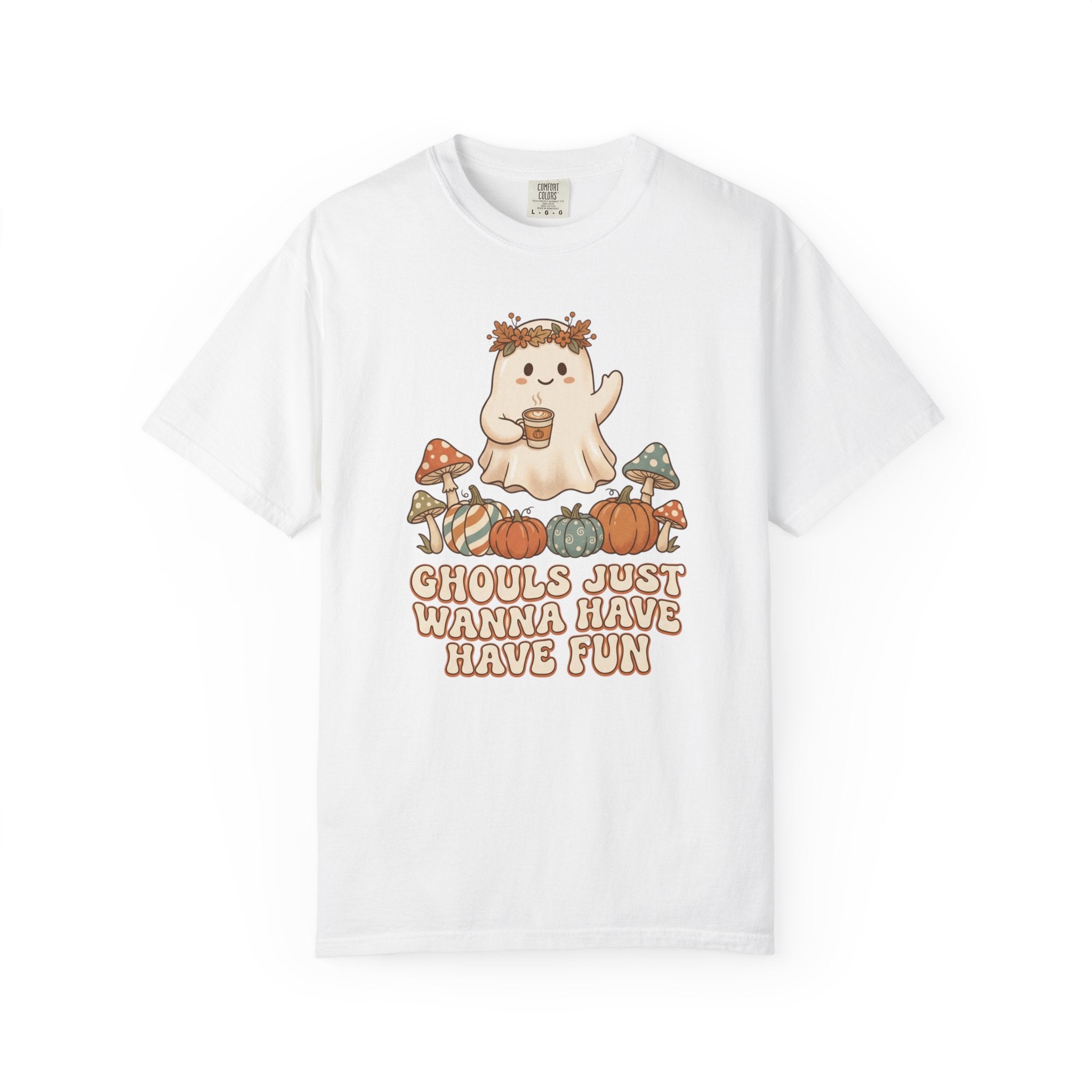 Halloween Ghost T-Shirt — "Ghouls Just Wanna Have Fun" Cute Pumpkin & Mushroom Tee