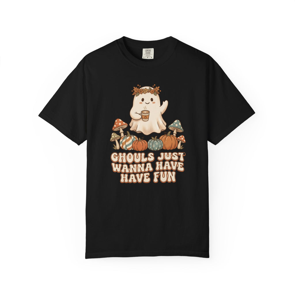 Halloween Ghost T-Shirt — "Ghouls Just Wanna Have Fun" Cute Pumpkin & Mushroom Tee