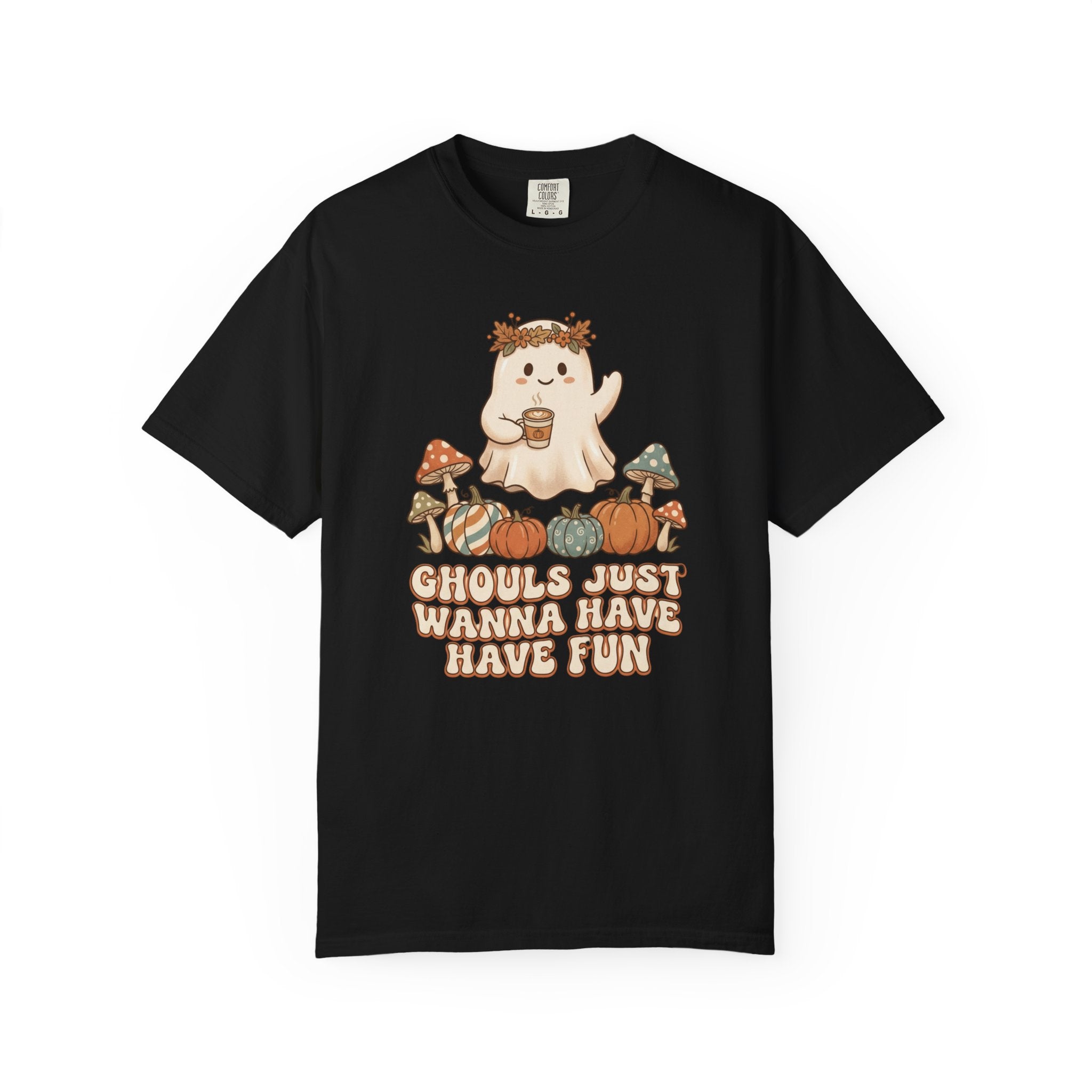 Halloween Ghost T-Shirt — "Ghouls Just Wanna Have Fun" Cute Pumpkin & Mushroom Tee