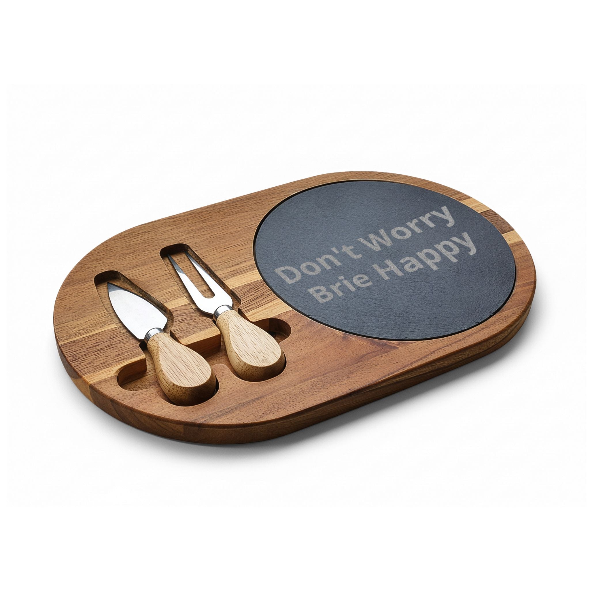 Engraved Acacia Charcuterie Board - "Don't Worry Brie Happy" Slate Cheese Set