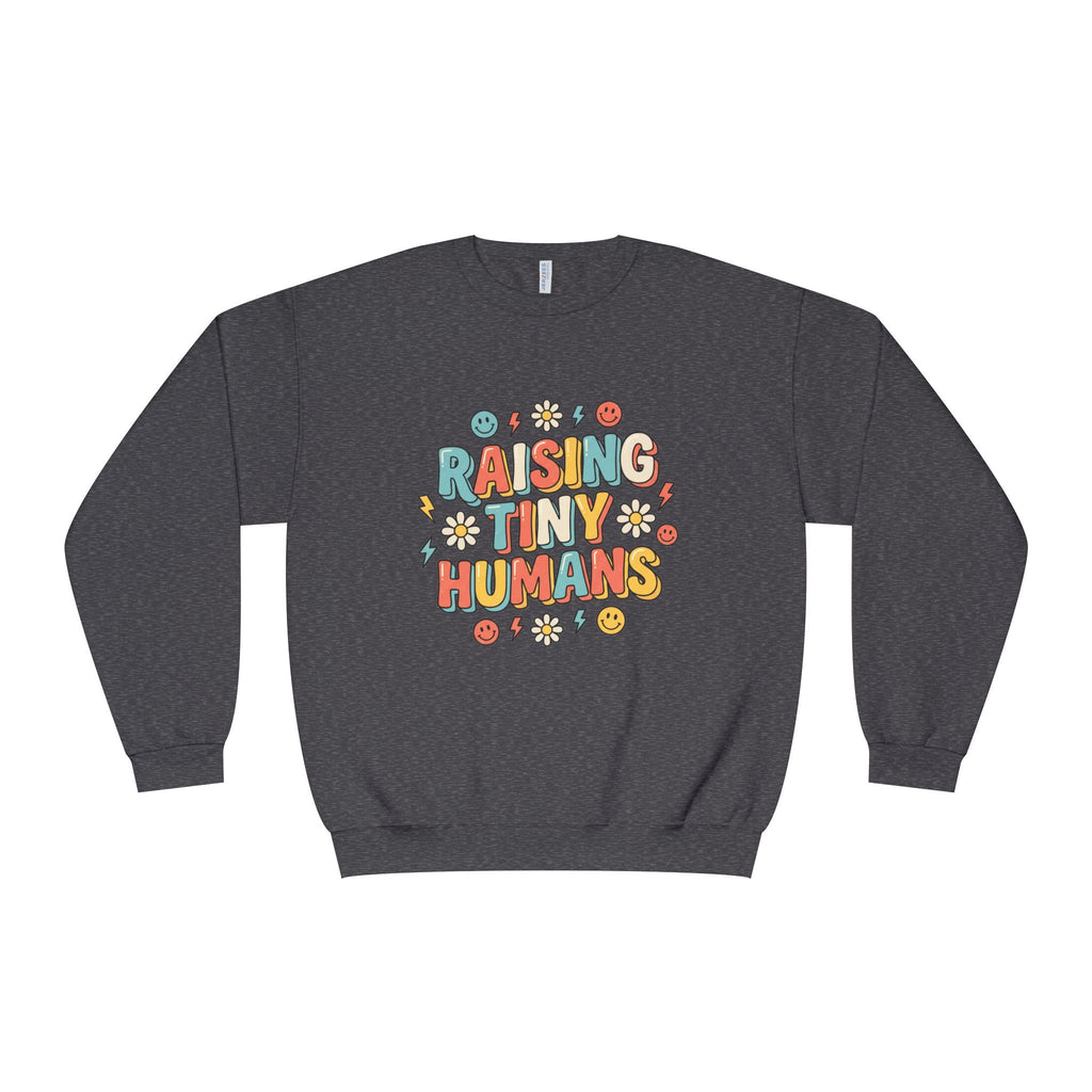 Crewneck Sweatshirt — "Raising Tiny Humans" Colorful Retro Parent Tee