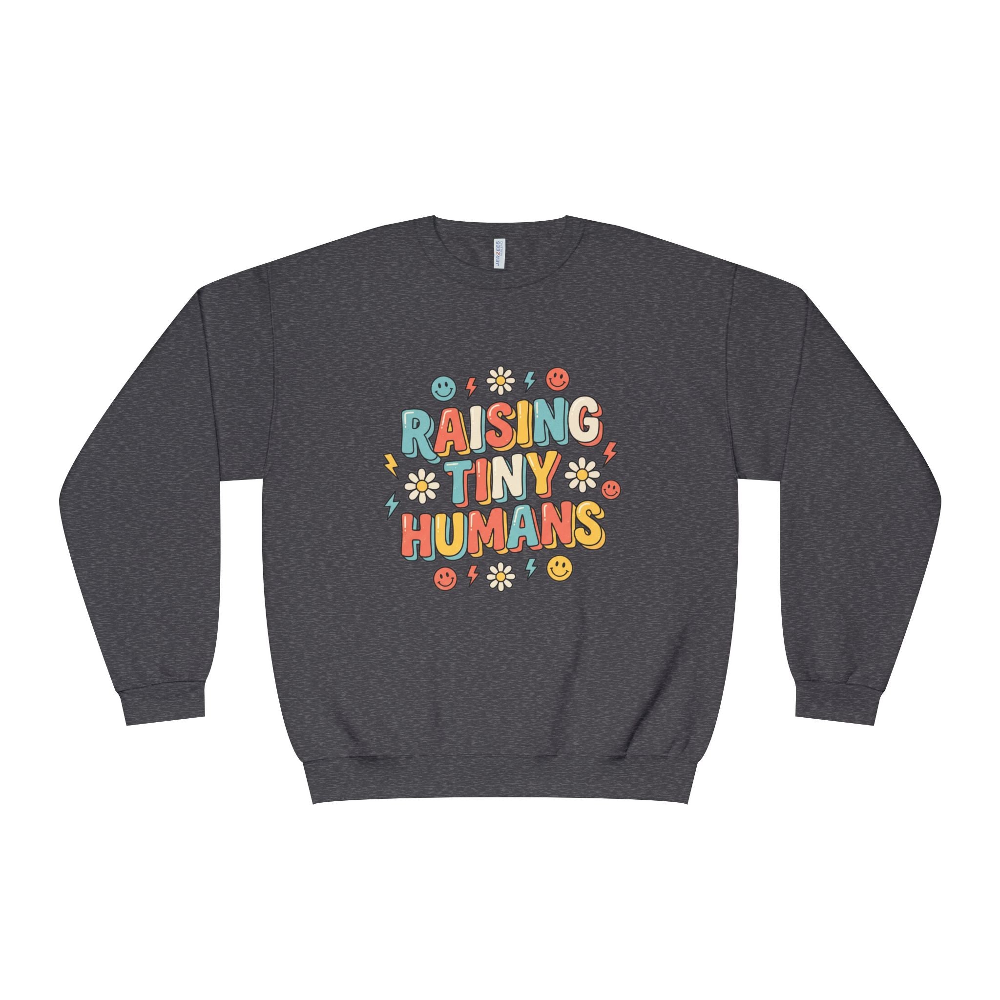 Crewneck Sweatshirt — "Raising Tiny Humans" Colorful Retro Parent Tee